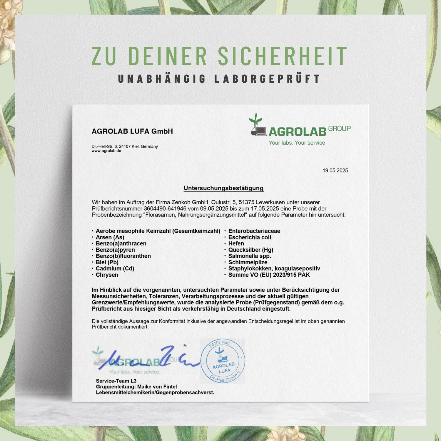Zertifikat von Agrolab LUFA GmbH. Unabhängig laborgeprüft. Unterschrift und Stempel. Analyse von Nährungs- und Nahrungsergänzungsmitteln.