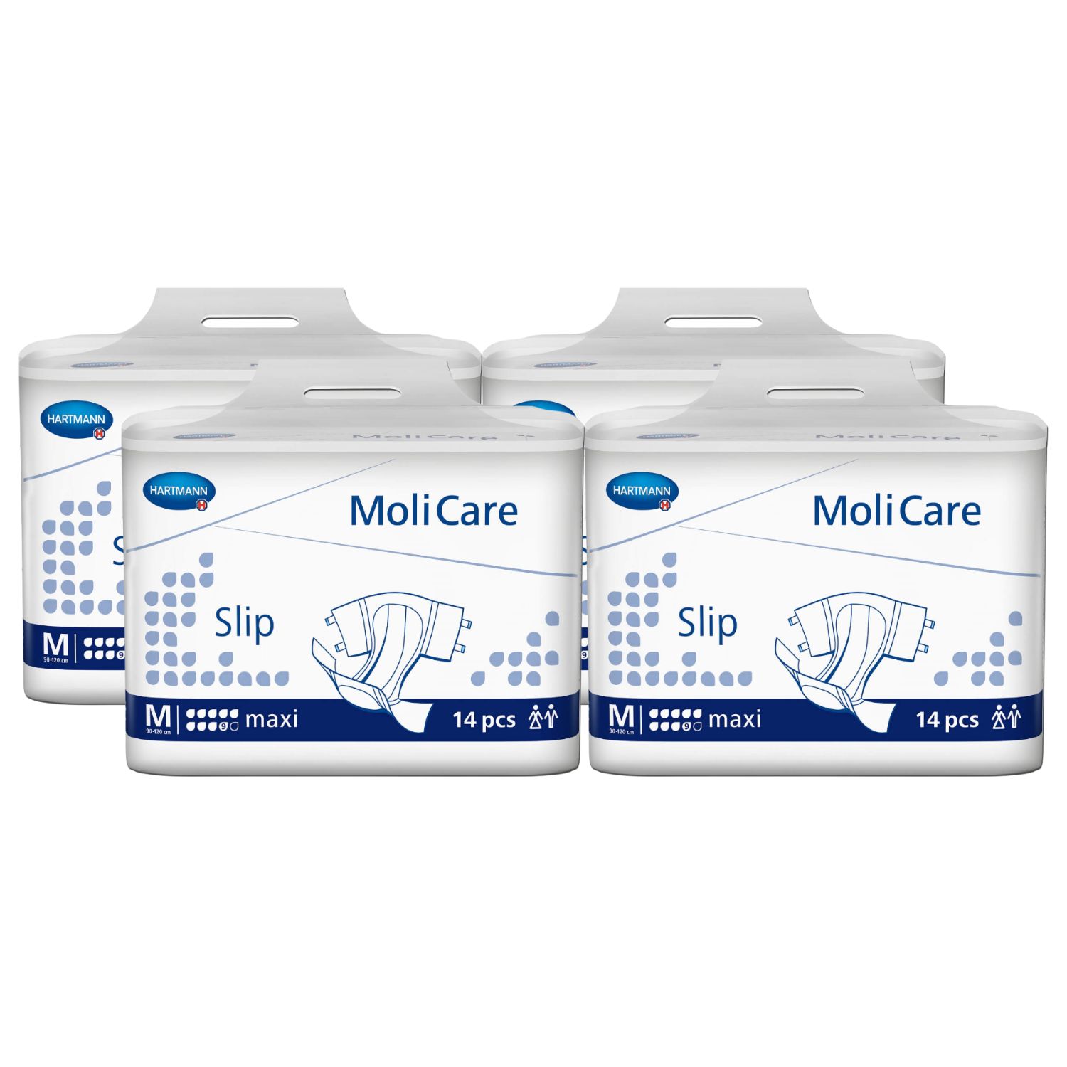 Vier Packungen MoliCare Slip Maxi. Weiße Verpackung mit blauem Logo und Produktbezeichnung. Größe M, 14 Stück.