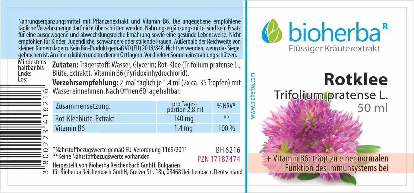 Etikett mit Produktinformationen. Text: Bioherba, Rotklee Trifolium pratense L. 50 ml. Zutaten, Verzehrempfehlung, Zusammensetzung.