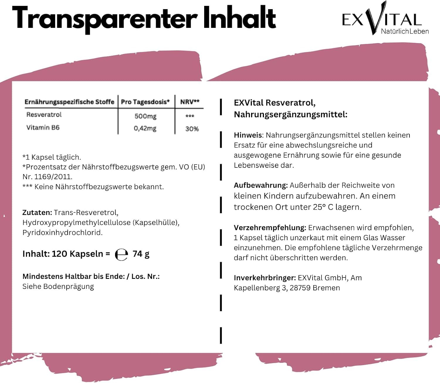 EXVital® Resveratrol Kapseln, 500mg pro Kapsel, vegan