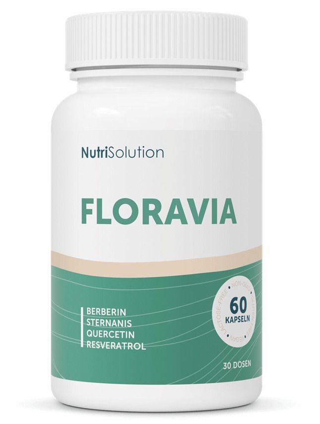 Weiße Flasche mit Kapseln. Aufschrift FLORAVIA, darunter Inhaltsstoffe. 60 Kapseln, 30 Dosen.
