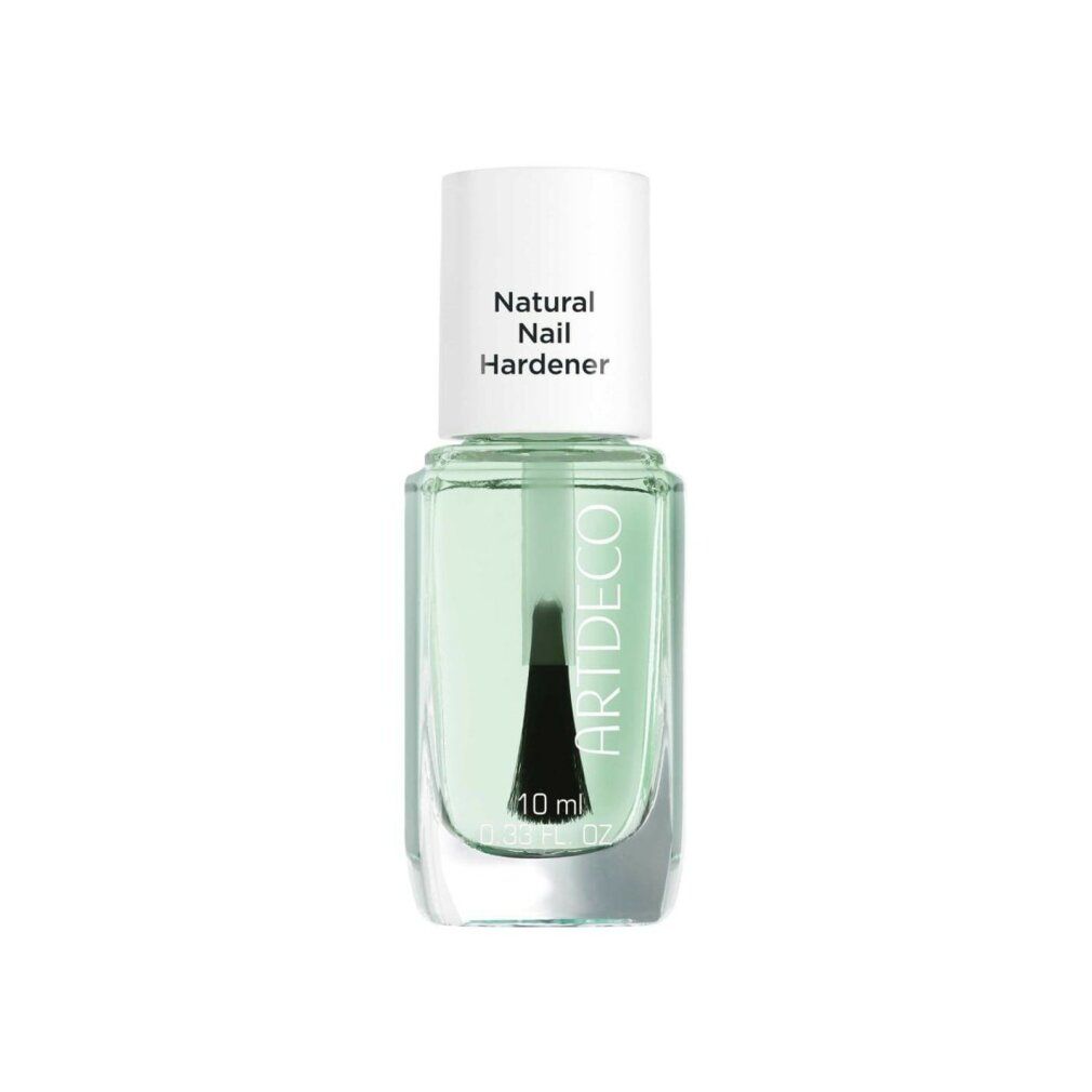 Artdeco Natural Nail Hardener. Klare Flüssigkeit in einer Glasflasche mit weißem Deckel. Schwarzer Pinsel. 10 ml.