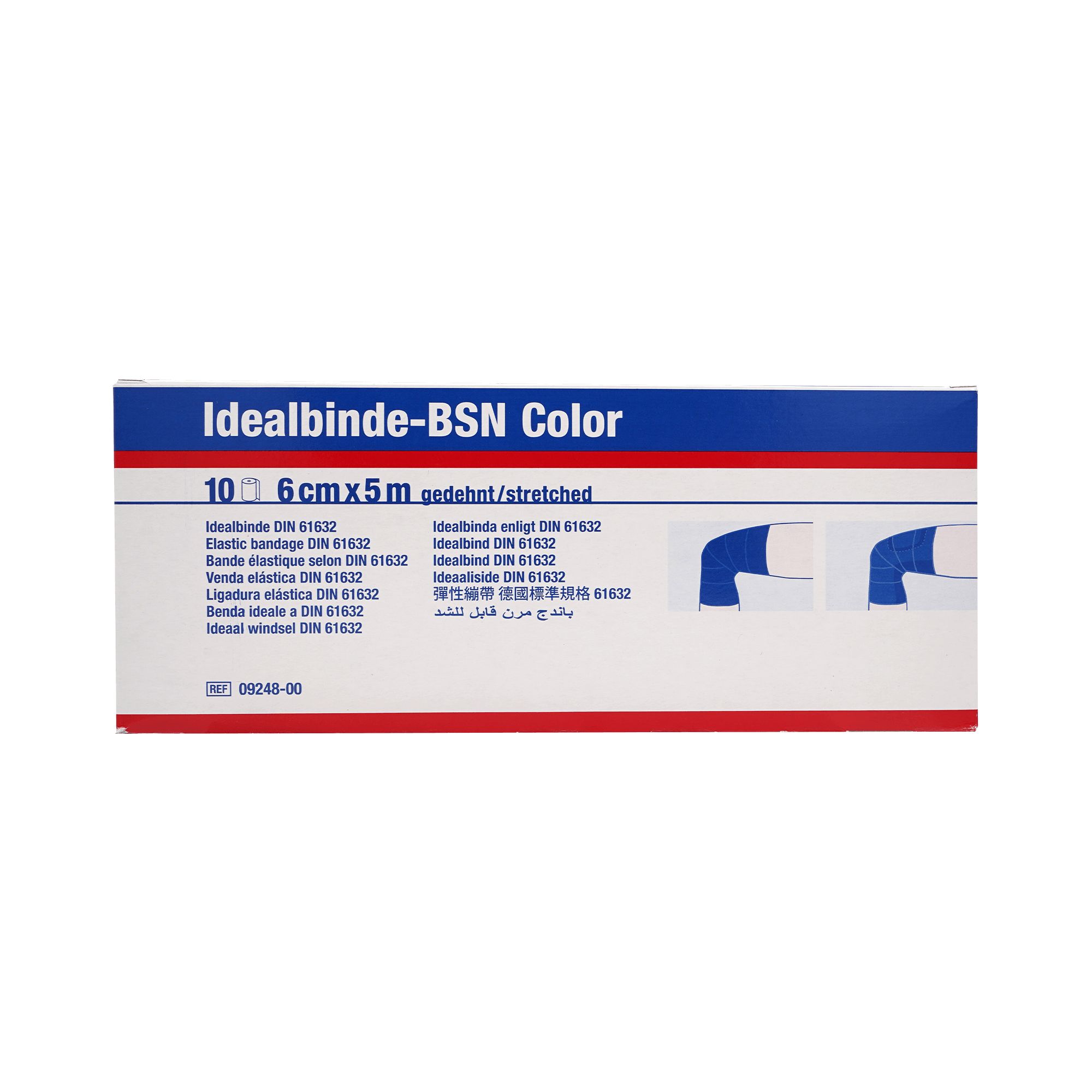 Verpackung mit Idealbinde-BSN Color. Aufschrift: 6 cm x 5 m. Illustrationen von Bandagen. Produktinformationen in verschiedenen Sprachen.