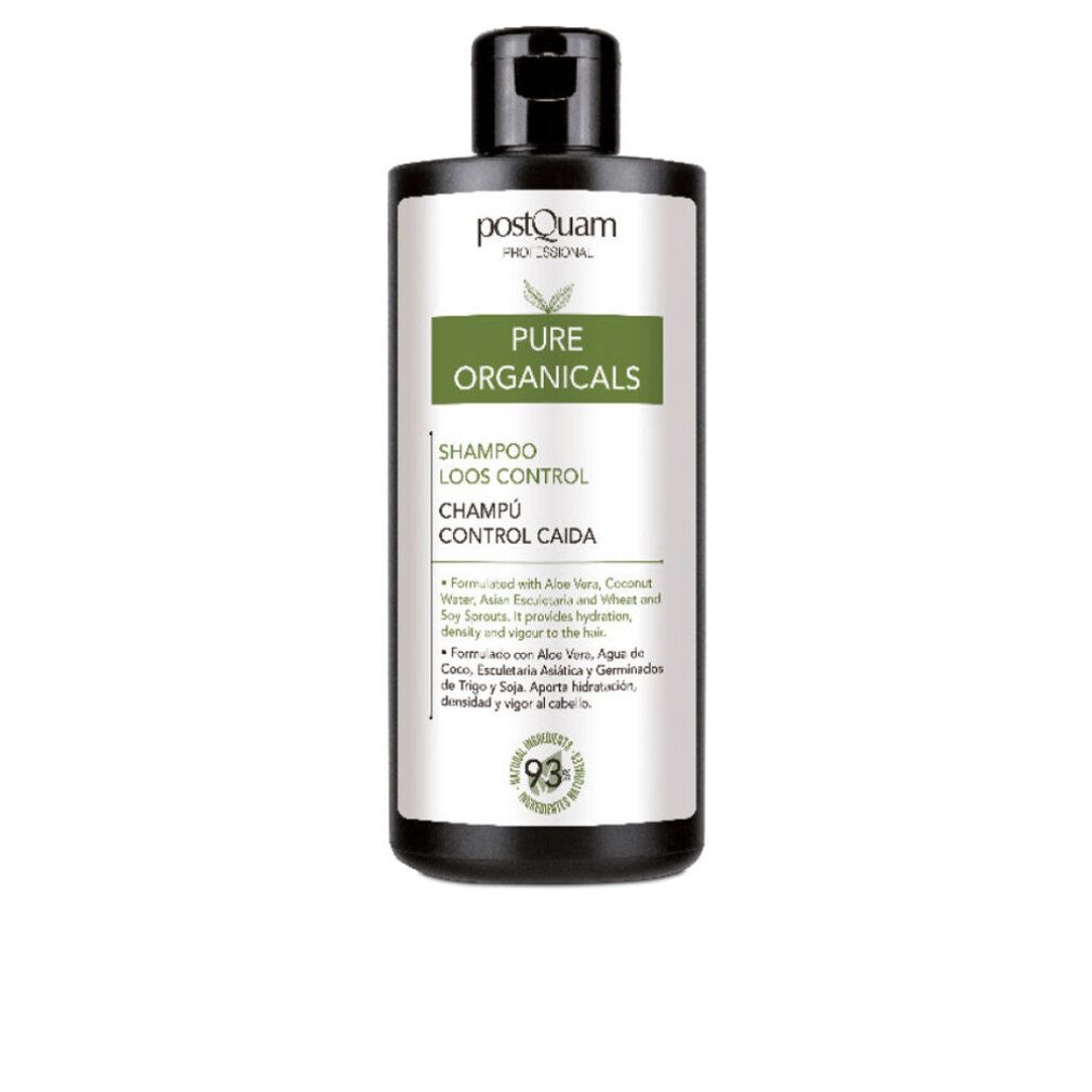 Schwarze Shampoo-Flasche mit weißem Etikett. Aufschrift: Postquam, Pure Organicals, Shampoo Loos Control, Champú Control Caida. Mit 93% Inhaltsstoffen.