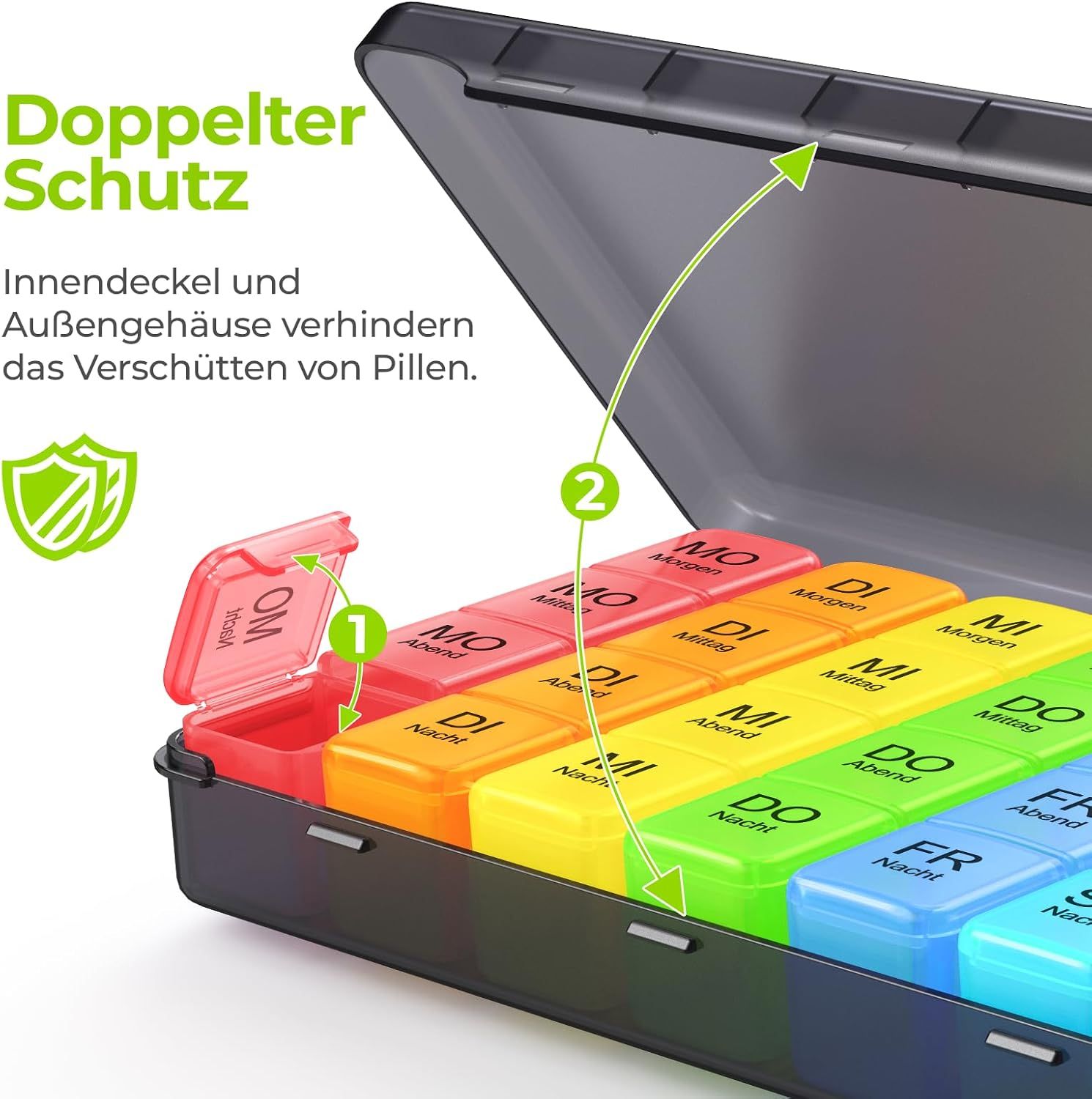 Pillenbox mit doppeltem Schutz: Innendeckel und Außengehäuse.