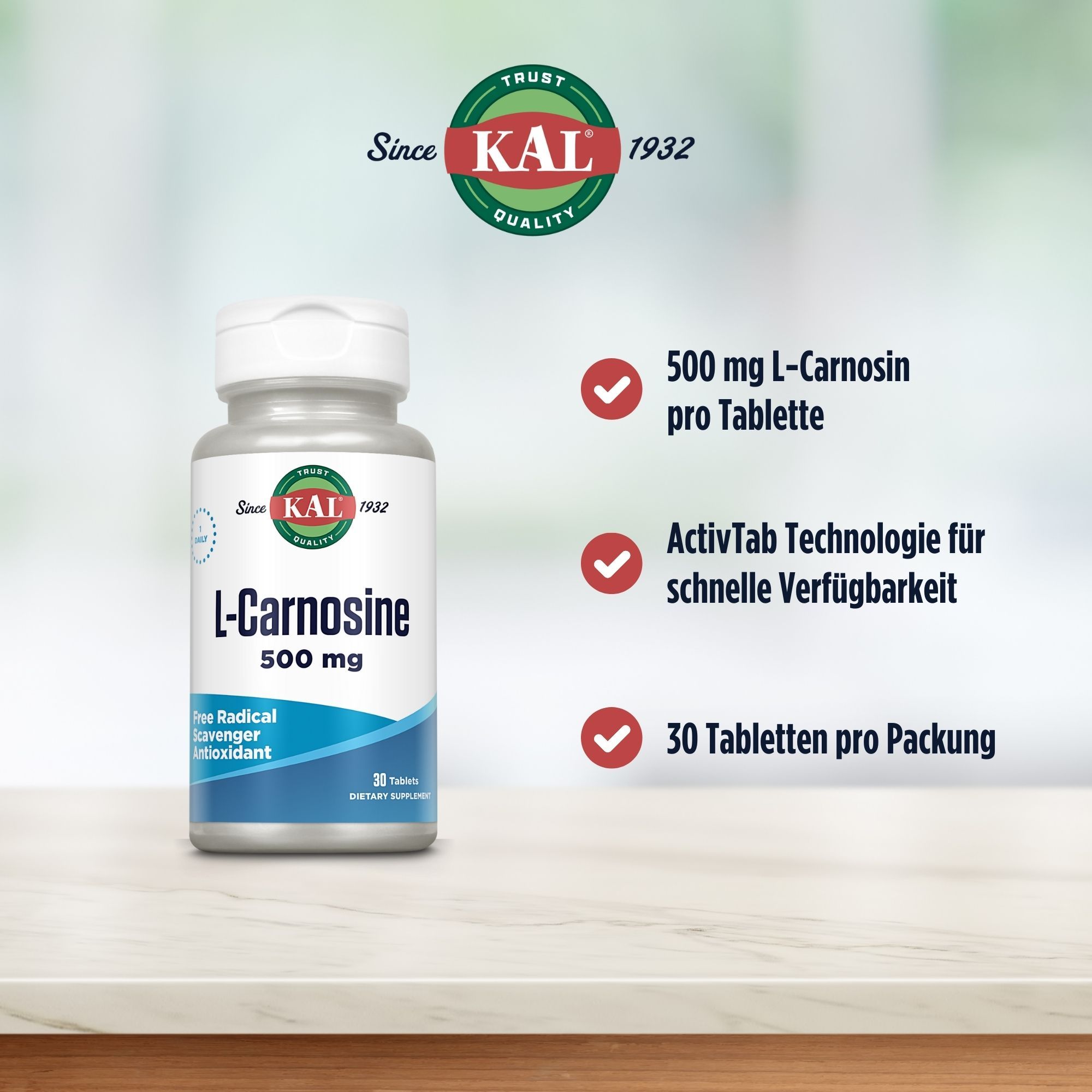 Weiße Flasche mit L-Carnosin 500mg. Text: 500 mg L-Carnosin pro Tablette, ActivTab Technologie, 30 Tabletten.