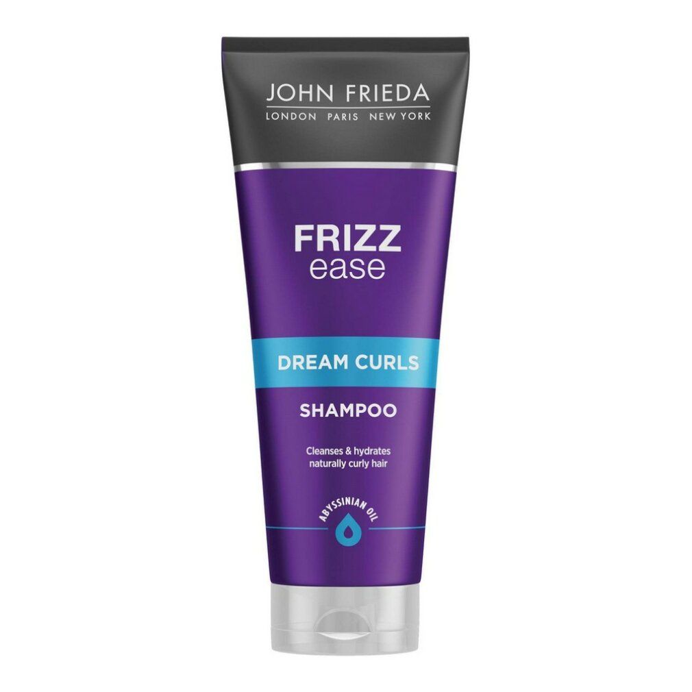 Lila Tube mit John Frieda Frizz Ease Dream Curls Shampoo. Schwarzer Deckel, silberner Streifen, weißer Verschluss.