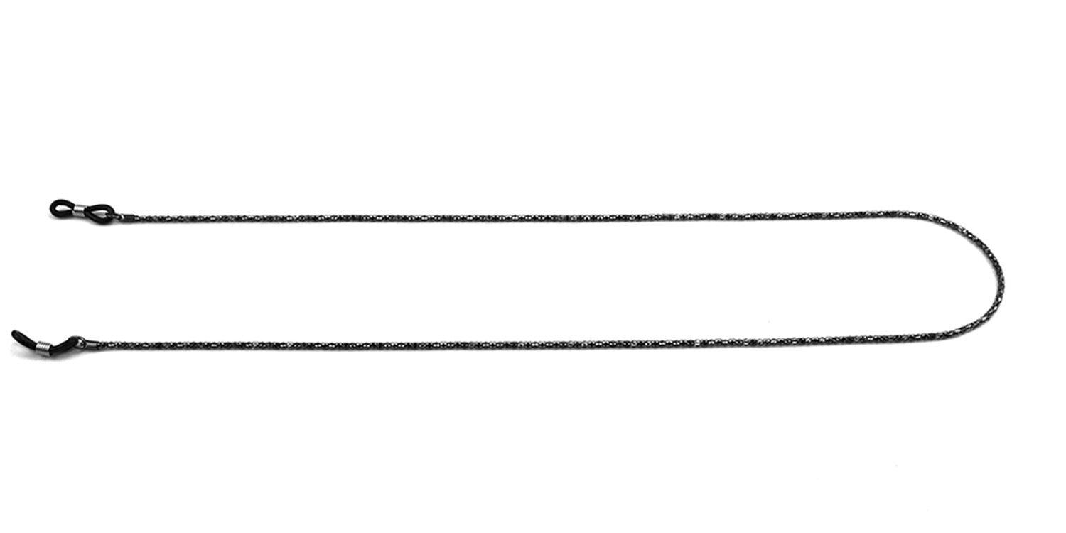 Brillenkette, schwarz-grau geflochten, mit Silikon-Schlaufen. Für Brillen. Auf weißem Hintergrund.