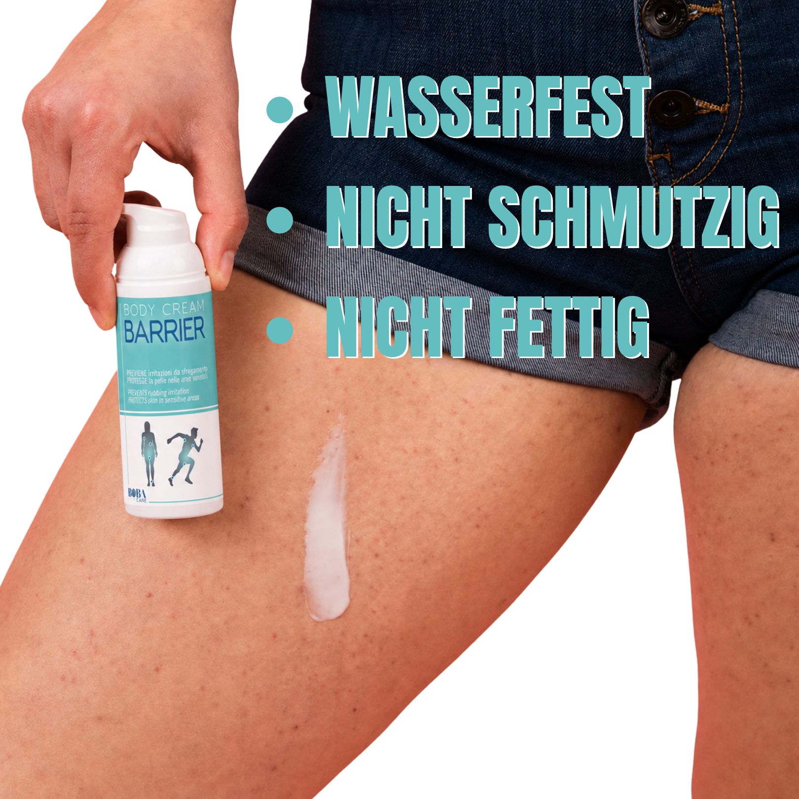 Anwendung der BOBACARE Anti-Reibungscreme auf der Haut; wasserfest, nicht schmutzig.