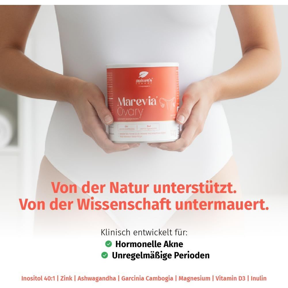Frau hält Dose Nature's Finest Marevia Ovary. Text: Von der Natur unterstützt. Von der Wissenschaft untermauert. Klinisch entwickelt für: Hormone, unregelmäßige Perioden.