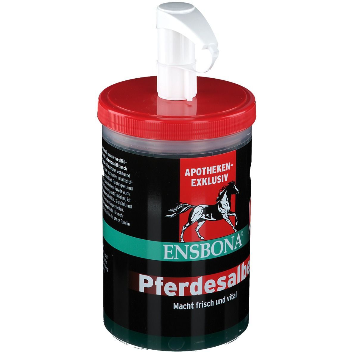 Dose Ensbona Pferdesalbe mit rotem Deckel und weißem Spender. Schwarzes Etikett mit Logo und Schriftzug. Apotheken-exklusiv.