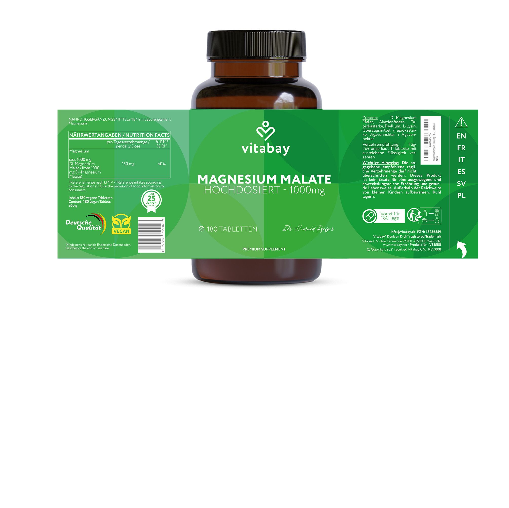 Flasche mit grünem Etikett. Aufschrift: Magnesium Malate, 1000mg, 180 Tabletten. Text und Zertifizierungen.