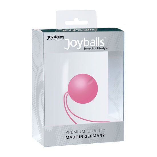 Rosa Kugel mit Schlaufe in Verpackung. Aufschrift "Joyballs" und "Premium Quality Made in Germany". Klare Verpackung.
