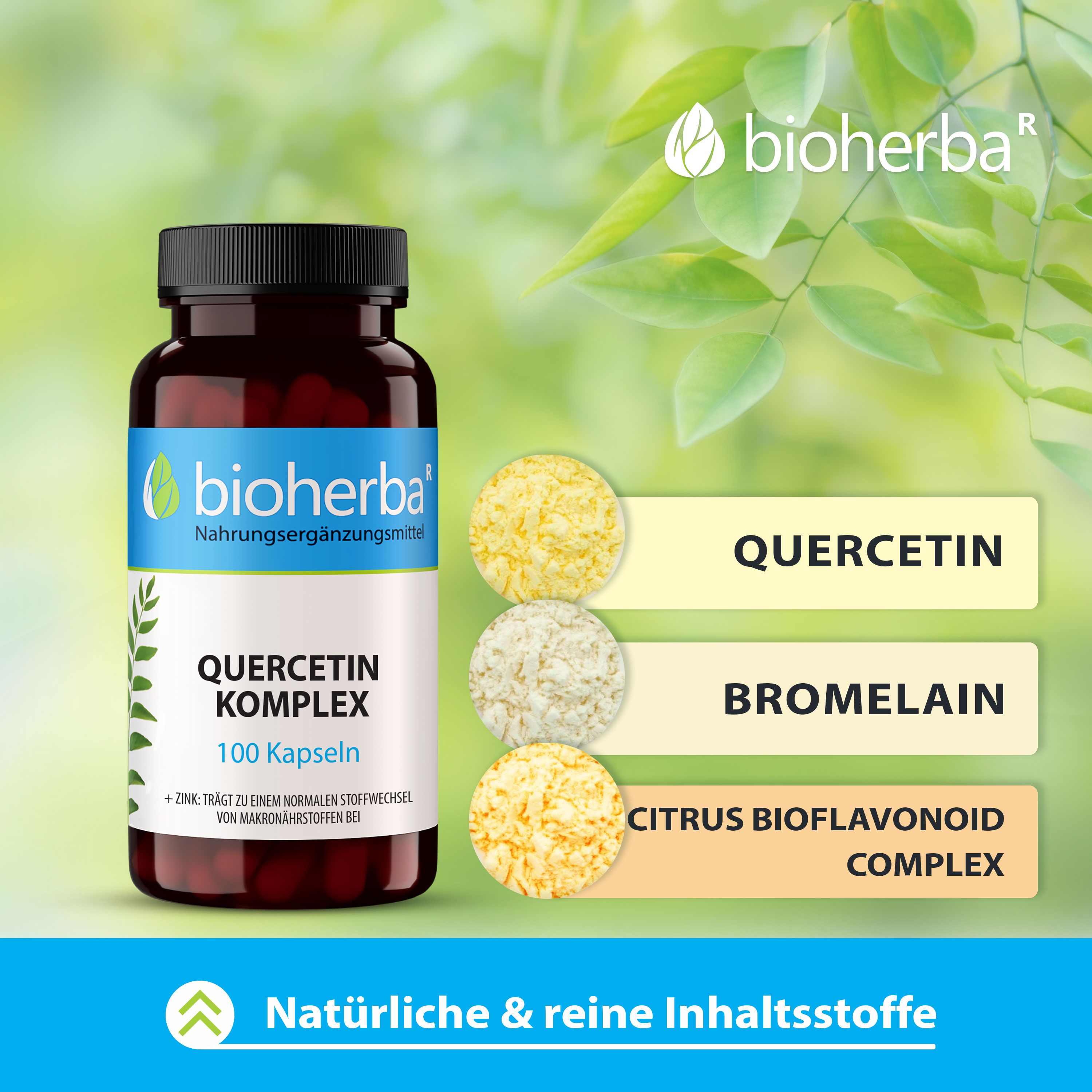 Braune Kapsel-Dose mit schwarzem Deckel. Aufschrift: Bioherba, Quercetin Komplex, 100 Kapseln. Inhaltsstoffe: Quercetin, Bromelain, etc.