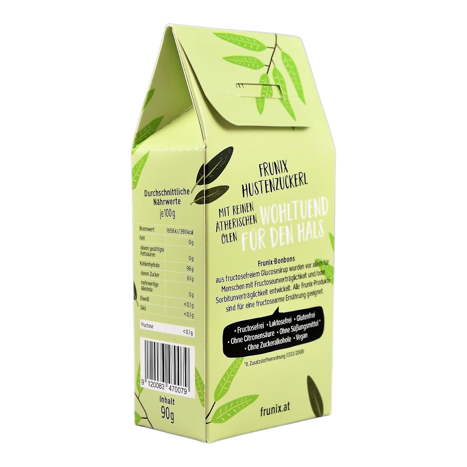 Grüne Schachtel mit Text: FRUNIX Hustenzuckerl. Mit reinen ätherischen Ölen. Wohltuend für den Hals. Frunix-Bonbons. Ohne Fructose.