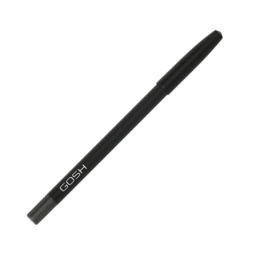 Gosh Waterproof Eyeliner in Hypnotic Grey. Schwarzer Stift mit silbernem Logo und Spitze.