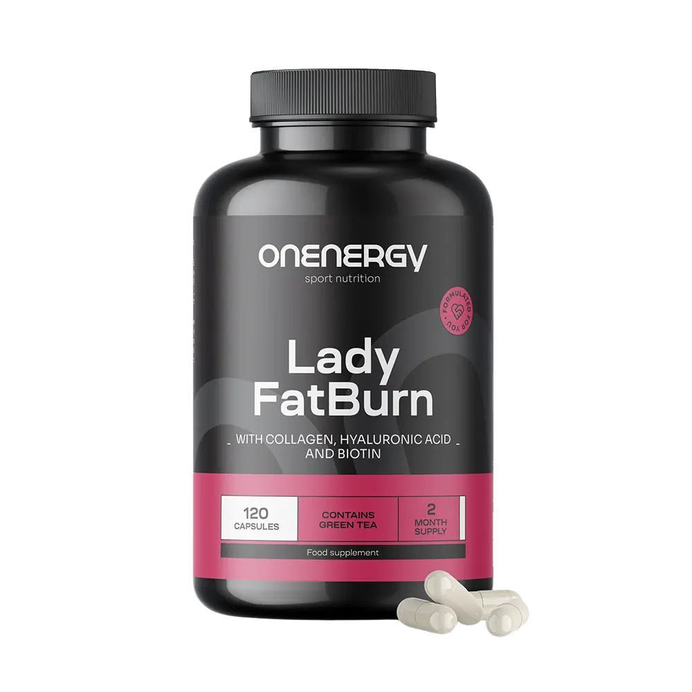 Schwarze Flasche mit Kapseln. Aufschrift: OnEnergy, Lady FatBurn. Enthält Kollagen, Hyaluronsäure und Biotin. 120 Kapseln.