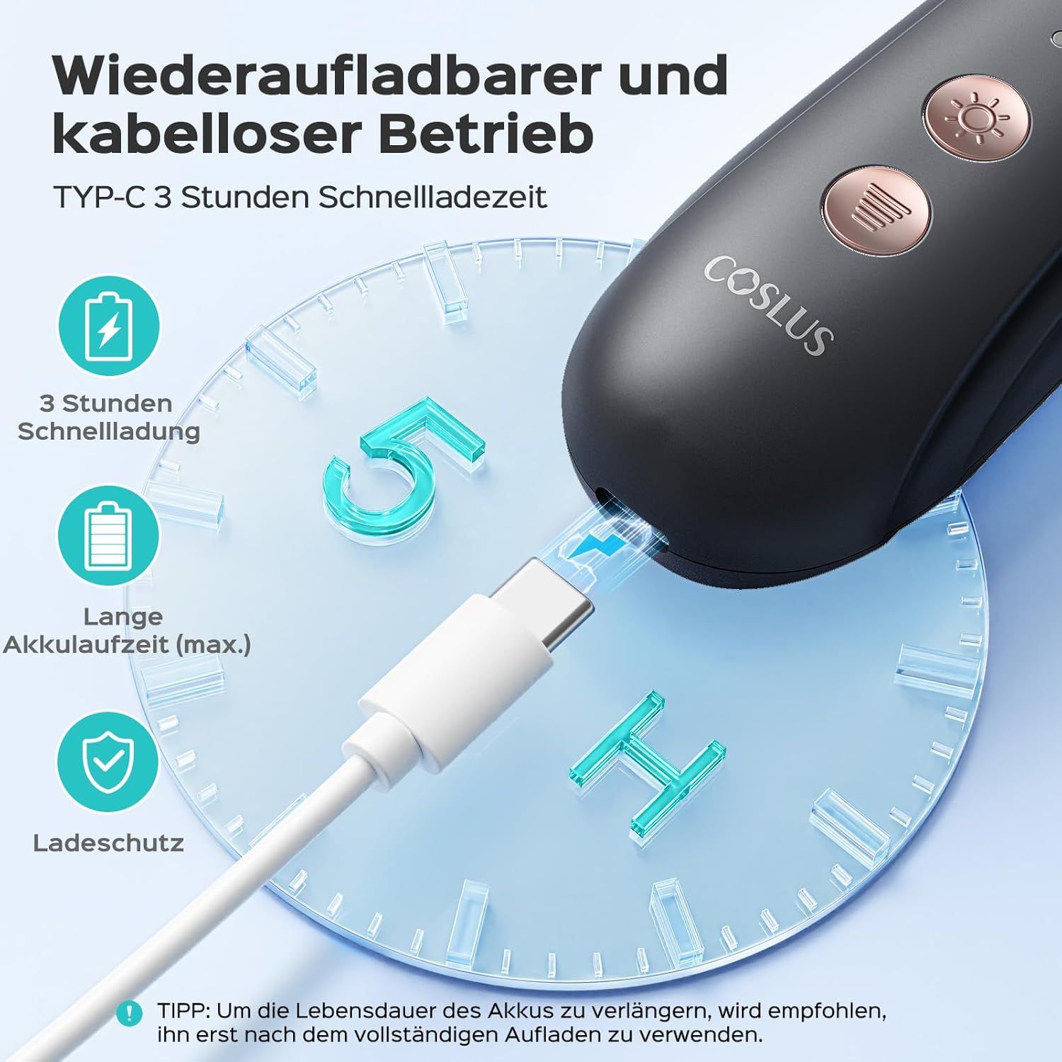 Elektrische Nagelfräser. Wiederaufladbar. Typ-C Schnellladezeit: 3 Stunden. Lange Akkulaufzeit. Ladeschutz. COSLUS-Logo.