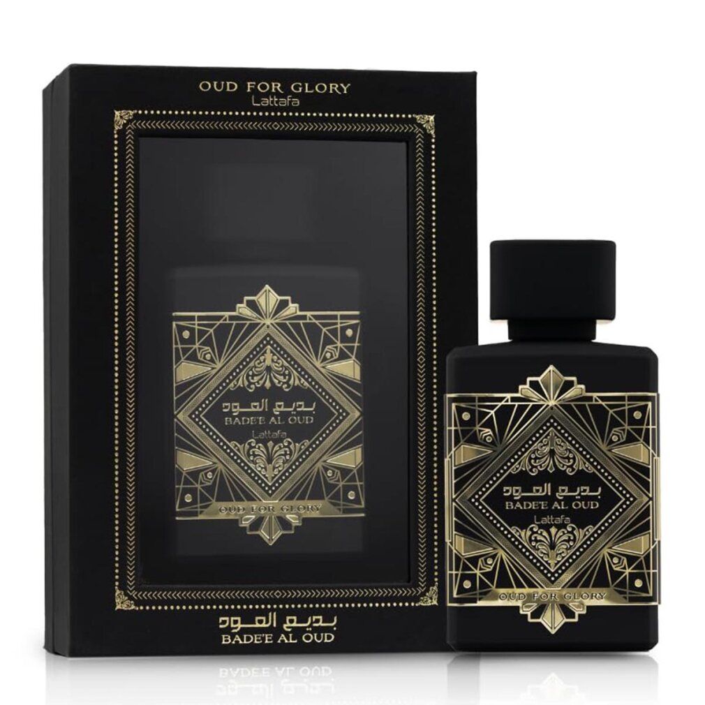 Schwarze Parfumflasche und -verpackung. Goldfarbene Schriftzüge und Verzierungen. Aufschrift: Badee Al Oud For Glory.