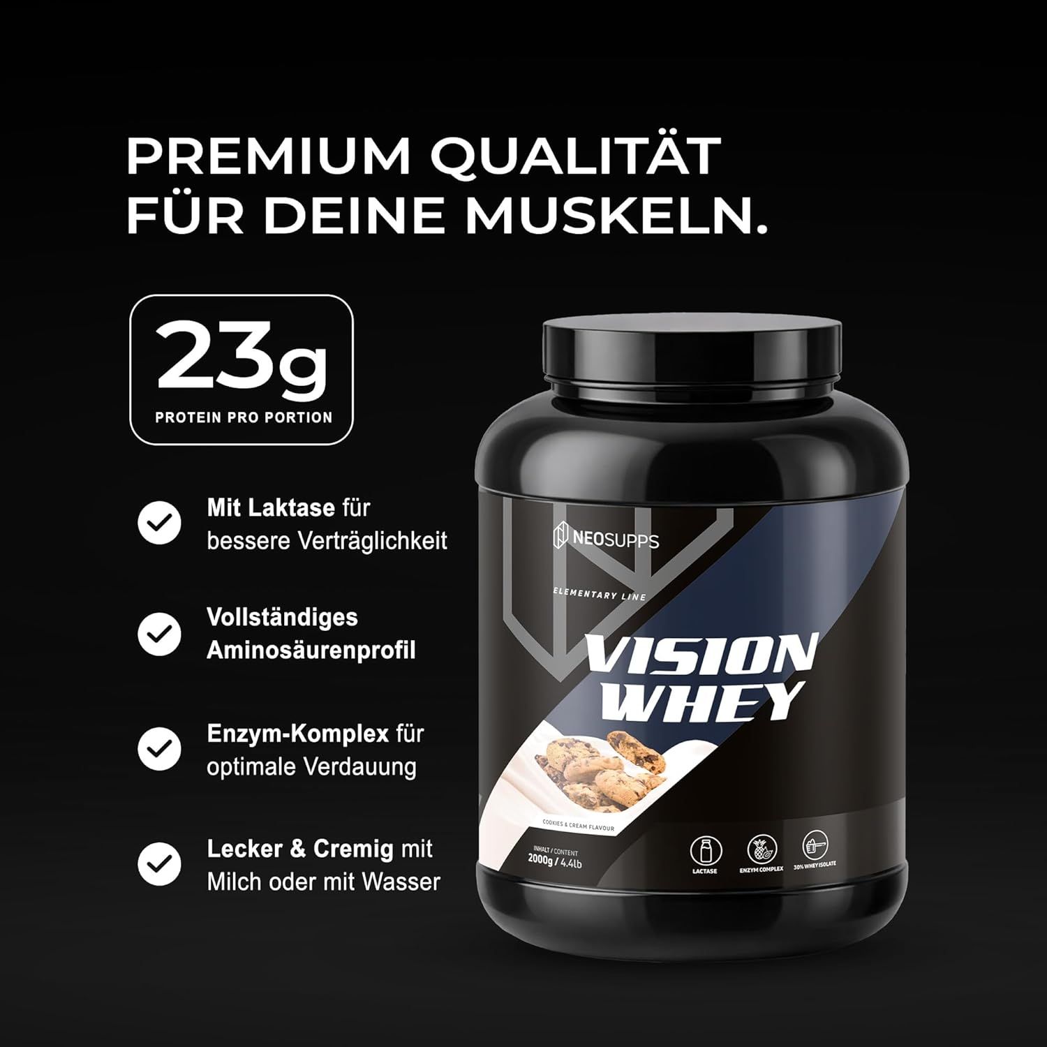 Neosupps Vision Whey Protein Pulver Cookie Dough, zum Abnehmen & Muskelaufbau