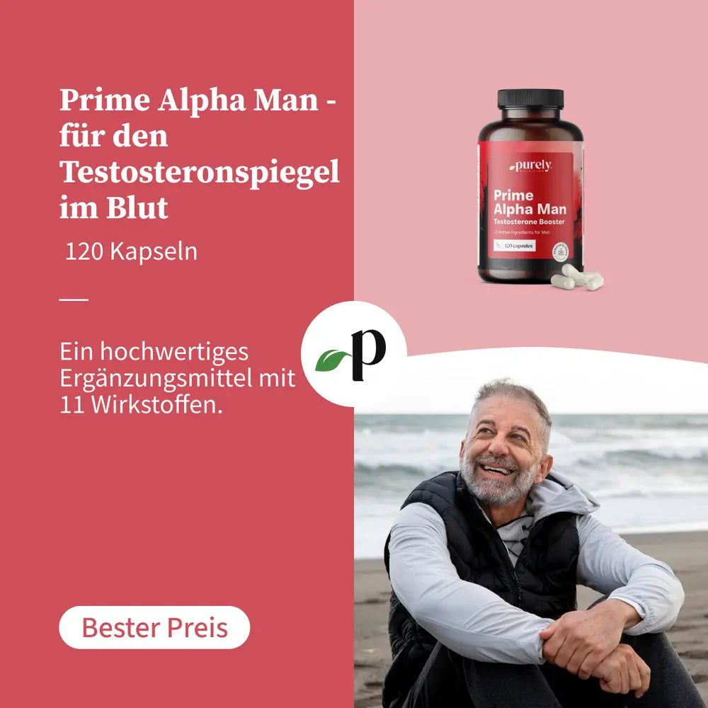 Flasche Prime Alpha Man, Mann am Strand, Text.