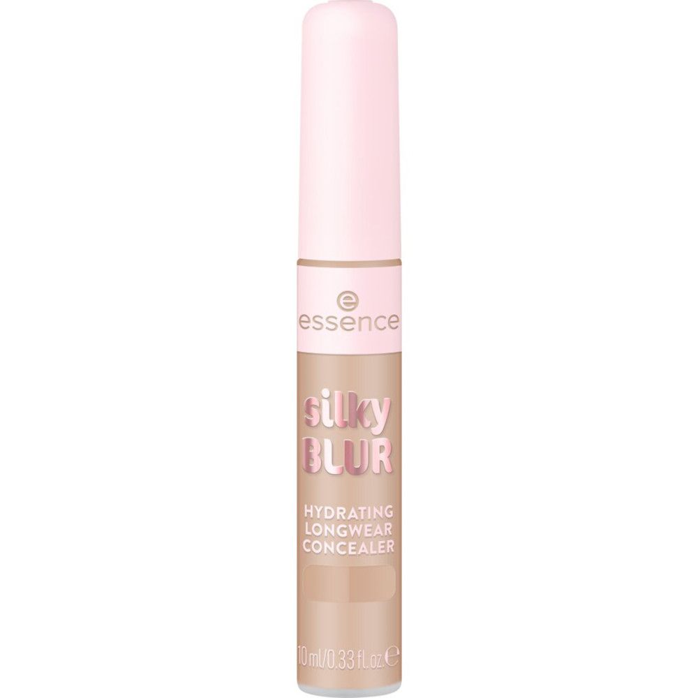 Concealer-Tube mit rosa Kappe. Aufschrift: Silky Blur, Hydrating Longwear Concealer. Marke: Essence. Farbton: Beige.