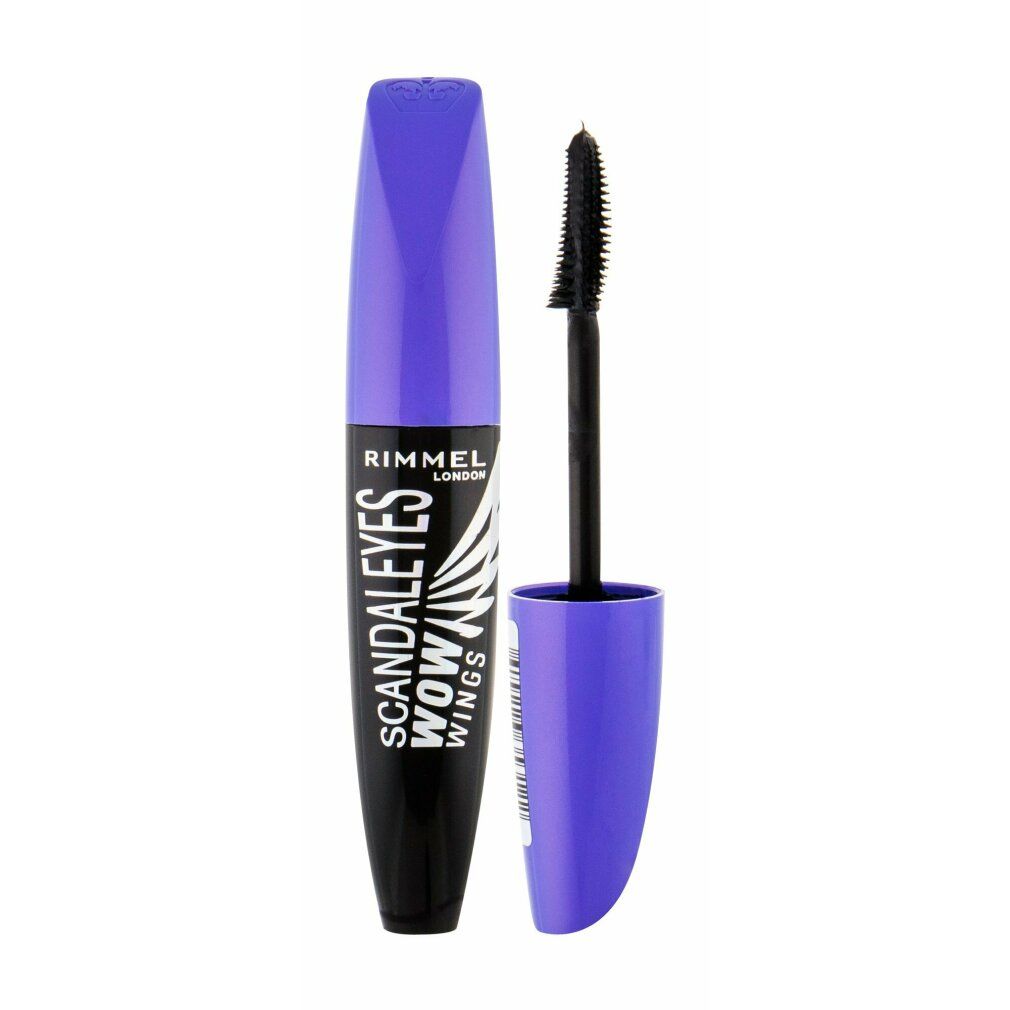 Schwarze Mascara-Flasche mit lila Deckel. Schriftzug Scandaleyes Wow Wings. Bürste im Deckel.