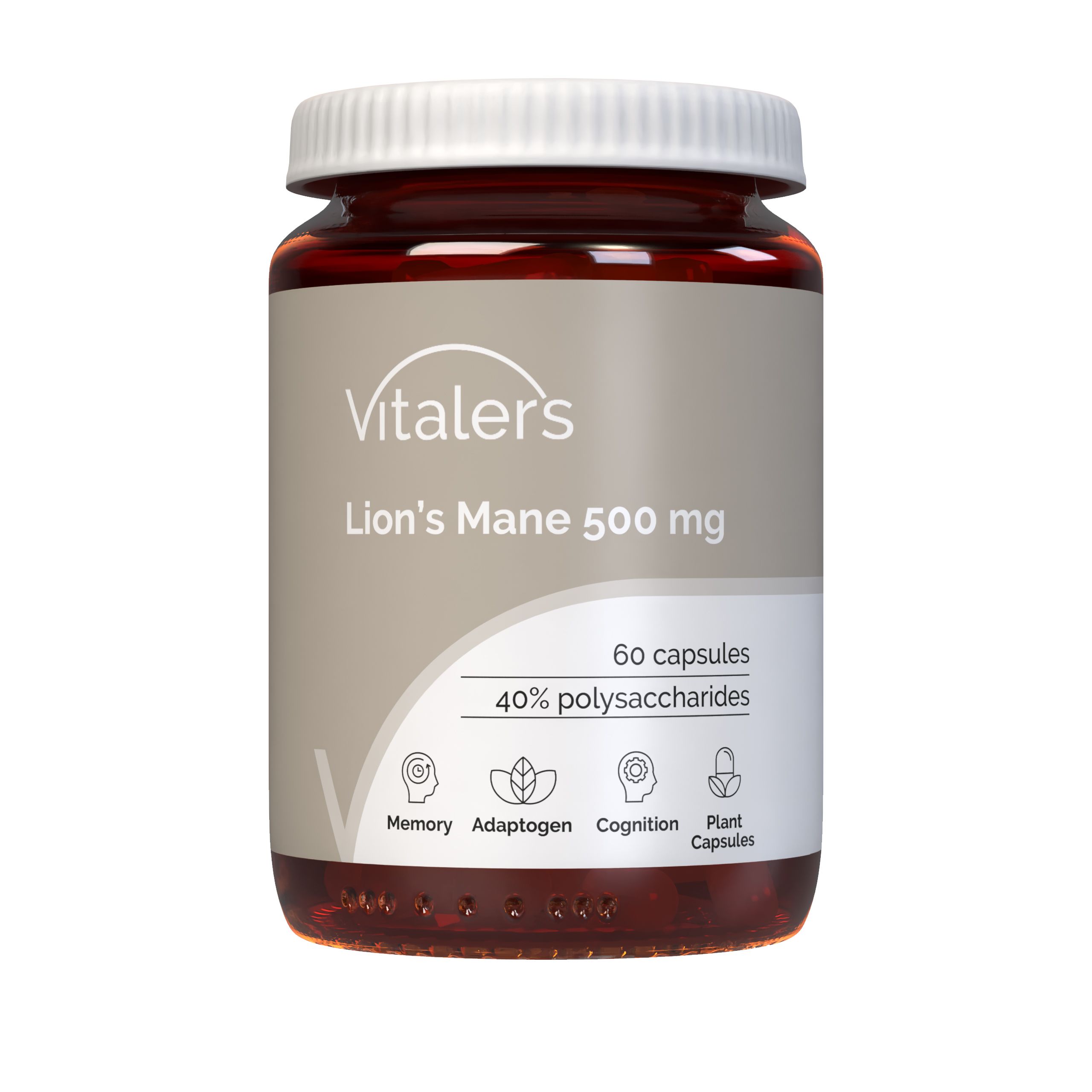 Vitaler's Löwenmähne Kapseln: 60 Stück, 500 mg. Enthält 40% Polysaccharide. Fokus auf Gedächtnis, Adaptogen, Kognition.