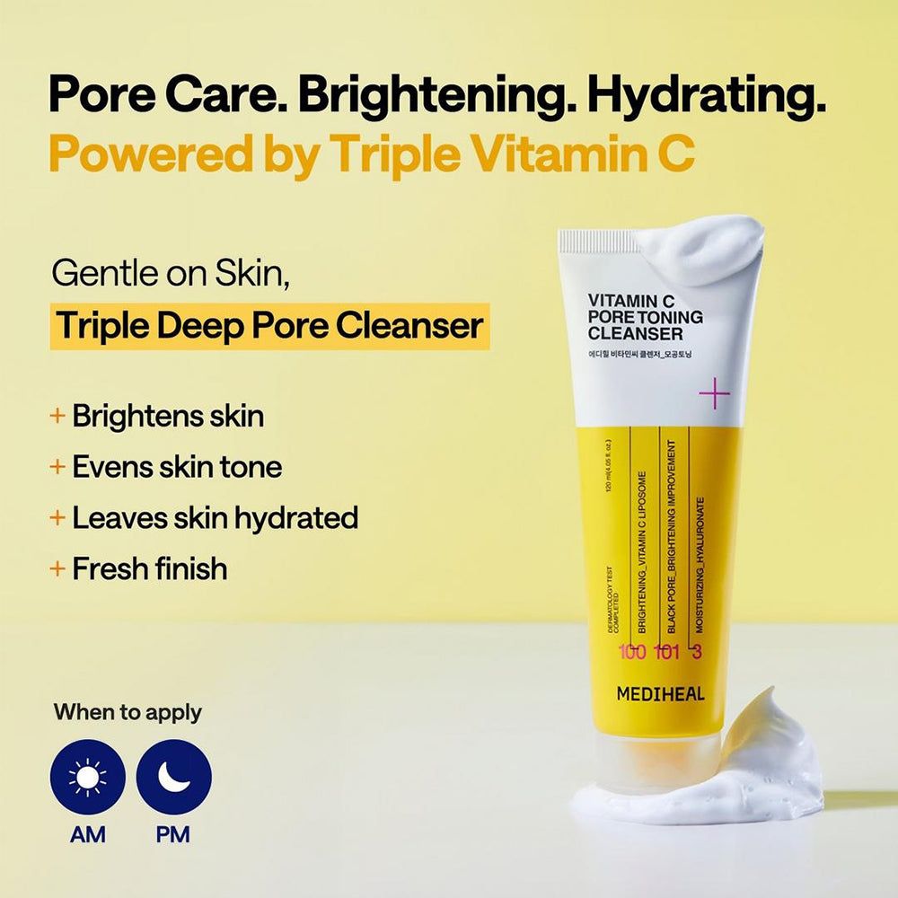 Gelber Hintergrund mit Produkt und Text. Aufschrift: Vitamin C Pore Toning Cleanser. Rosa Plus-Zeichen. Schaum.