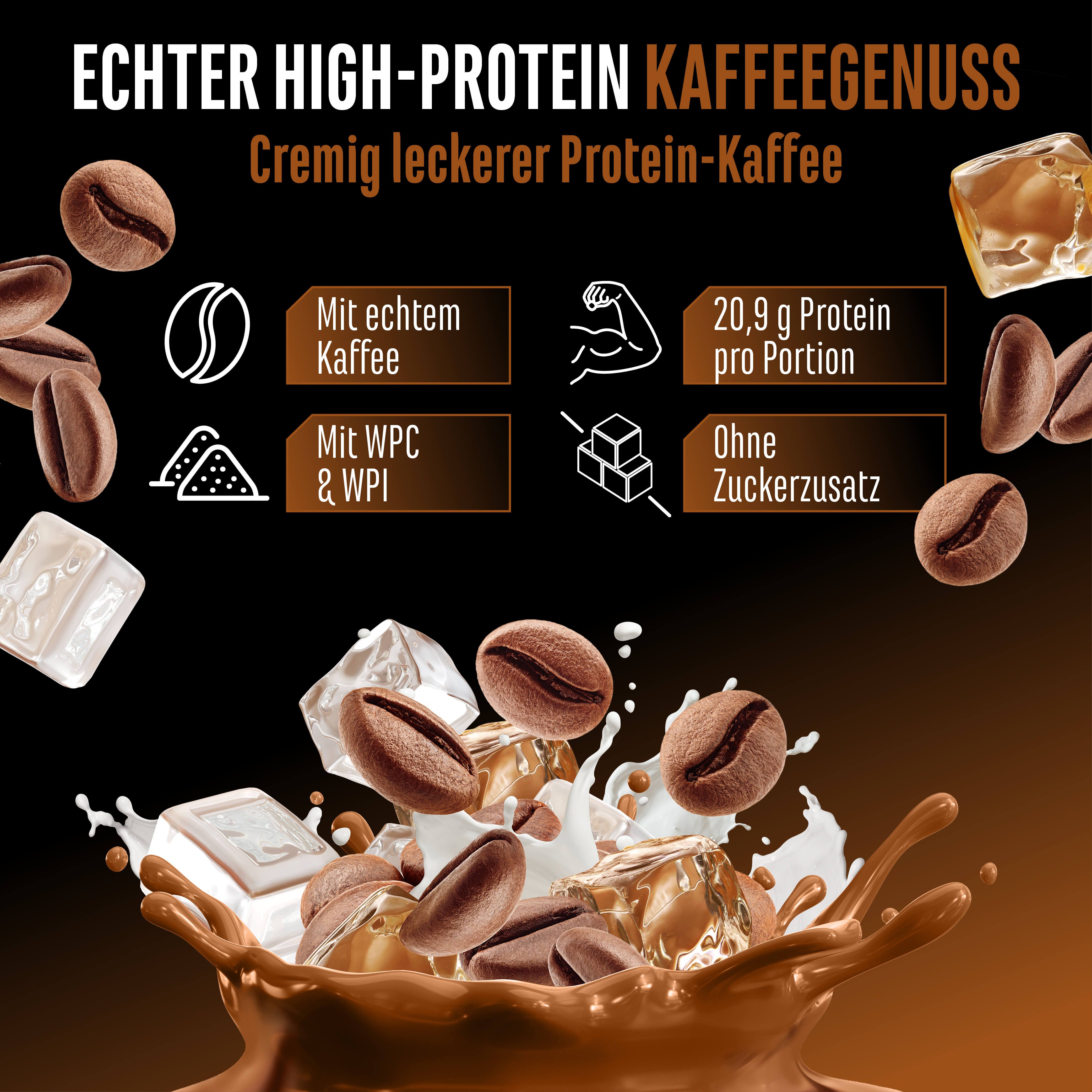 Werbebild mit Kaffeebohnen, Eiswürfeln und GEN Wheypresso Protein Kaffee. Text: 20,9 g Protein pro Portion, Mit echtem Kaffee, Ohne Zuckerzusatz.