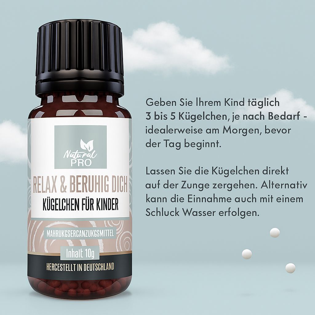 Braune Glasflasche mit schwarzem Deckel. Aufschrift: Relax & Beruhig Dich Kügelchen für Kinder. Text über Anwendung und Dosierung.