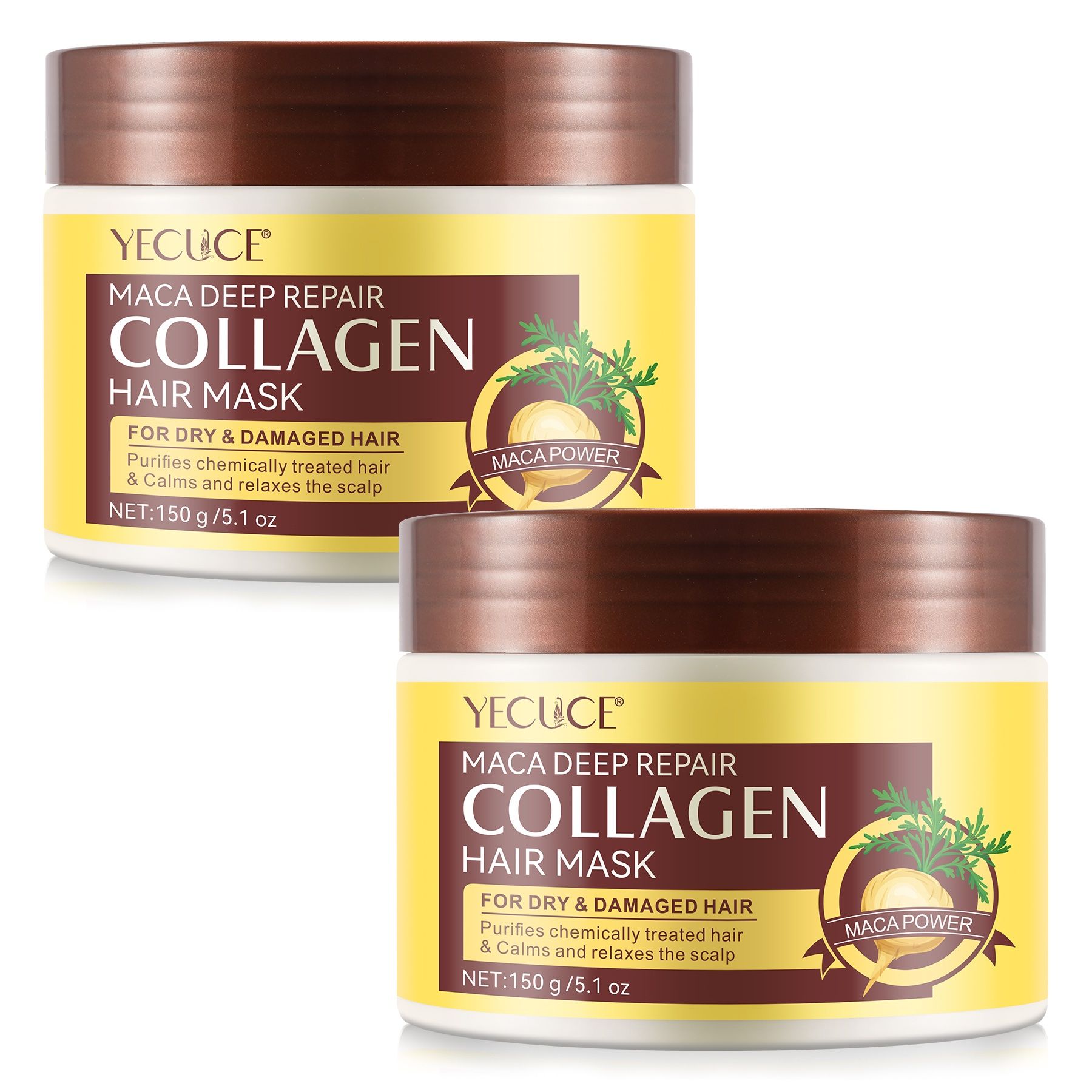 Zwei Tiegel Haarmaske mit gelbem Etikett und braunem Deckel. Aufschrift: MACA DEEP REPAIR COLLAGEN HAIR MASK. Für trockenes und geschädigtes Haar.