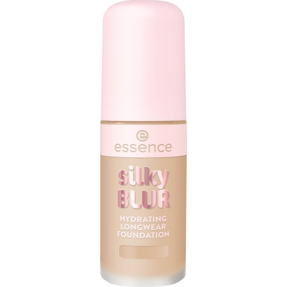 Foundation-Flakon mit rosa Deckel. Aufschrift: Silky Blur, Hydrating Longwear Foundation. Marke: Essence.