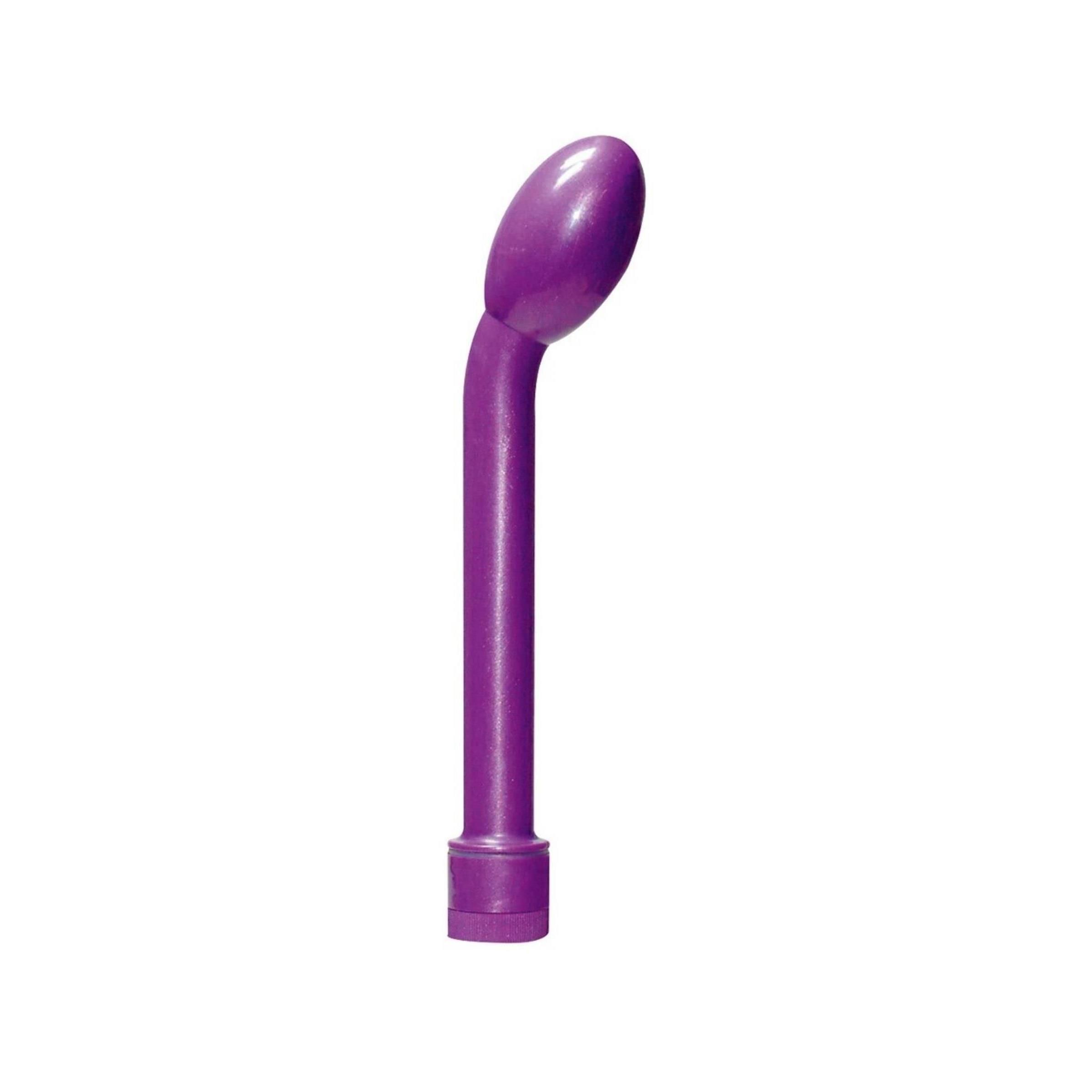 Lila Vibrator. Gebogene Form mit ovalem Kopf und zylindrischem Schaft. Batteriebetriebener Vibrator.
