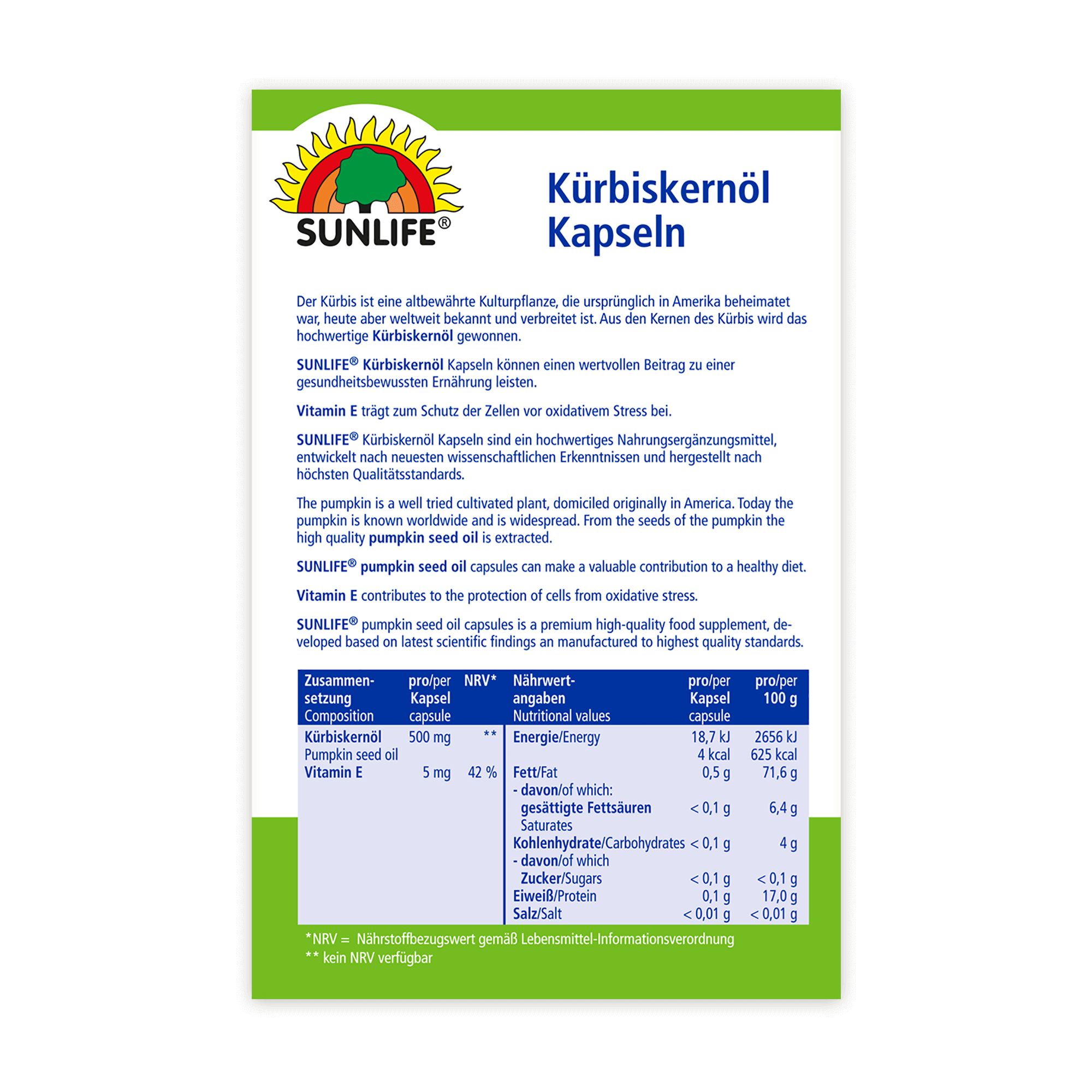 Rückseite der Sunlife Kürbiskernöl Kapseln Verpackung. Text: Kürbiskernöl Kapseln, Inhaltsstoffe, Nährwertangaben, Vitamin E trägt zum Schutz der Zellen bei.