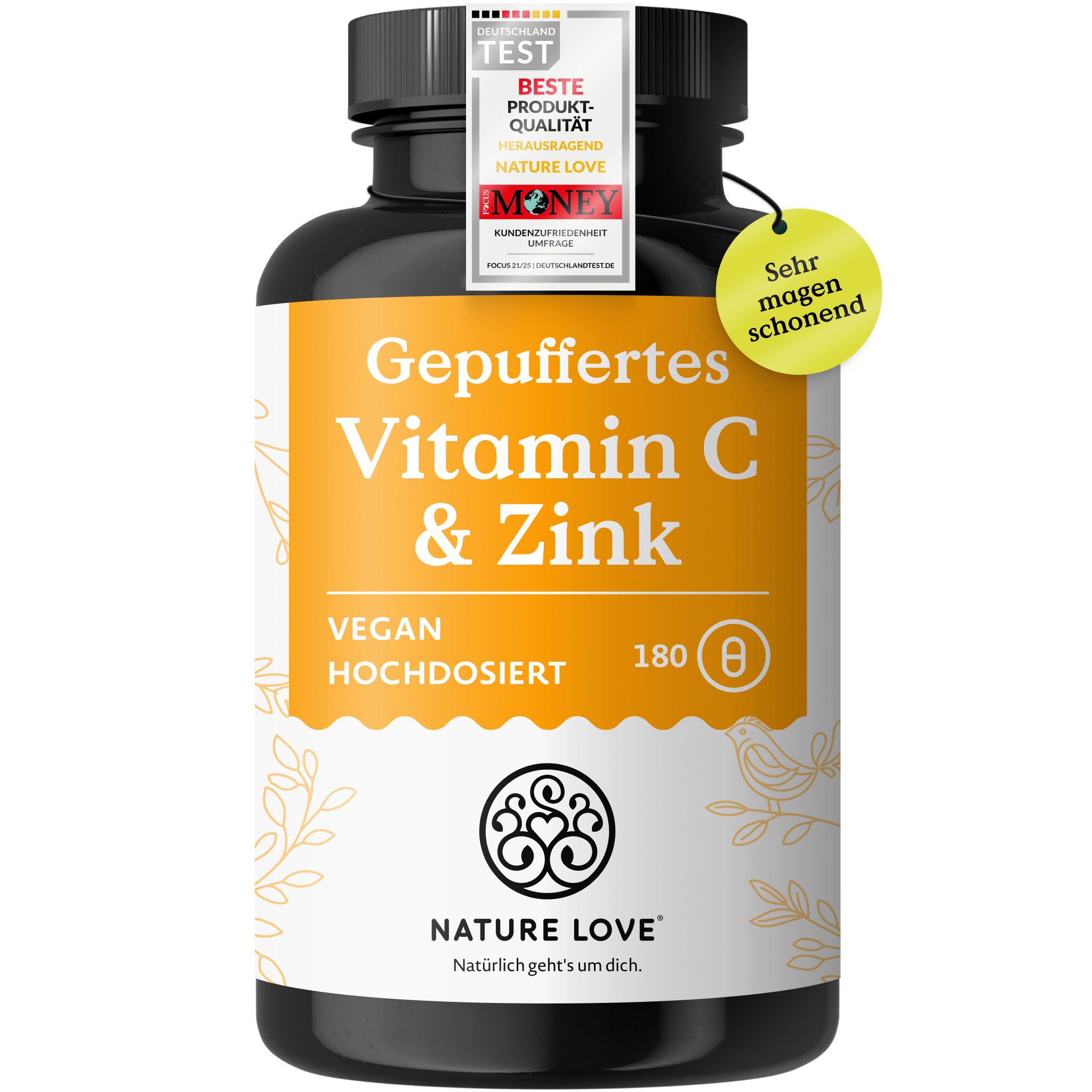 Flasche mit gepuffertem Vitamin C & Zink, vegan, hochdosiert, 180 Kapseln. "Sehr magenschonend" Aufkleber.