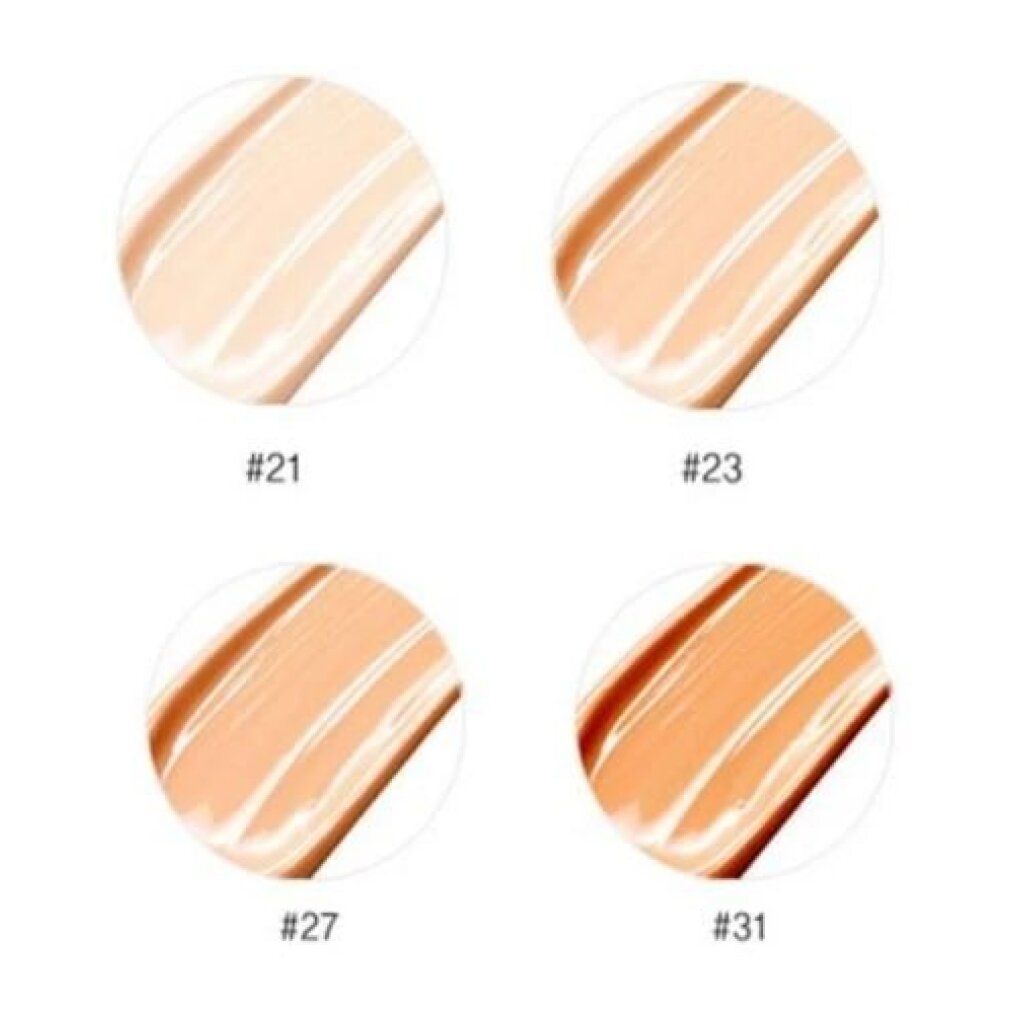 Vier Farbproben BB-Creme. Aufschrift: #21, #23, #27, #31. Verschiedene Hauttöne, in Kreisen angeordnet.
