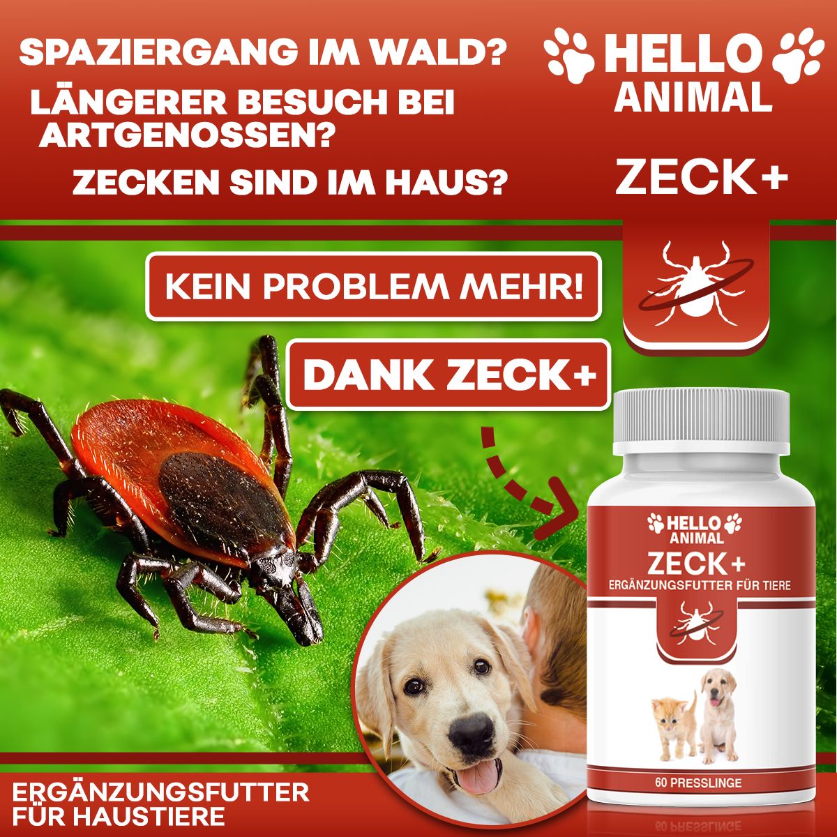 Flasche mit rotem Etikett. Text: Hello Animal, Zeck+, Ergänzungsfutter für Tiere. Bilder: Zecke, Hund, Katze. Text: Kein Problem mehr!