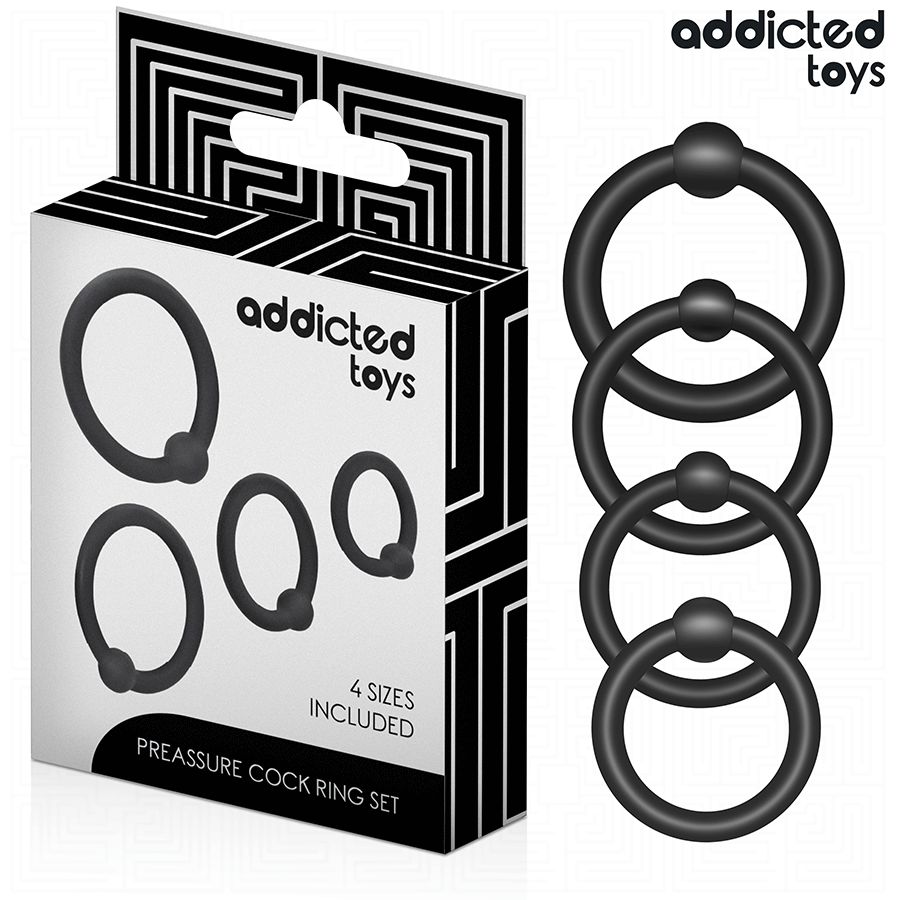 Schwarzes Cockring-Set in Verpackung. Enthält vier Ringe unterschiedlicher Größe. Marke: Addicted Toys. Aufschrift: 4 Sizes Included.