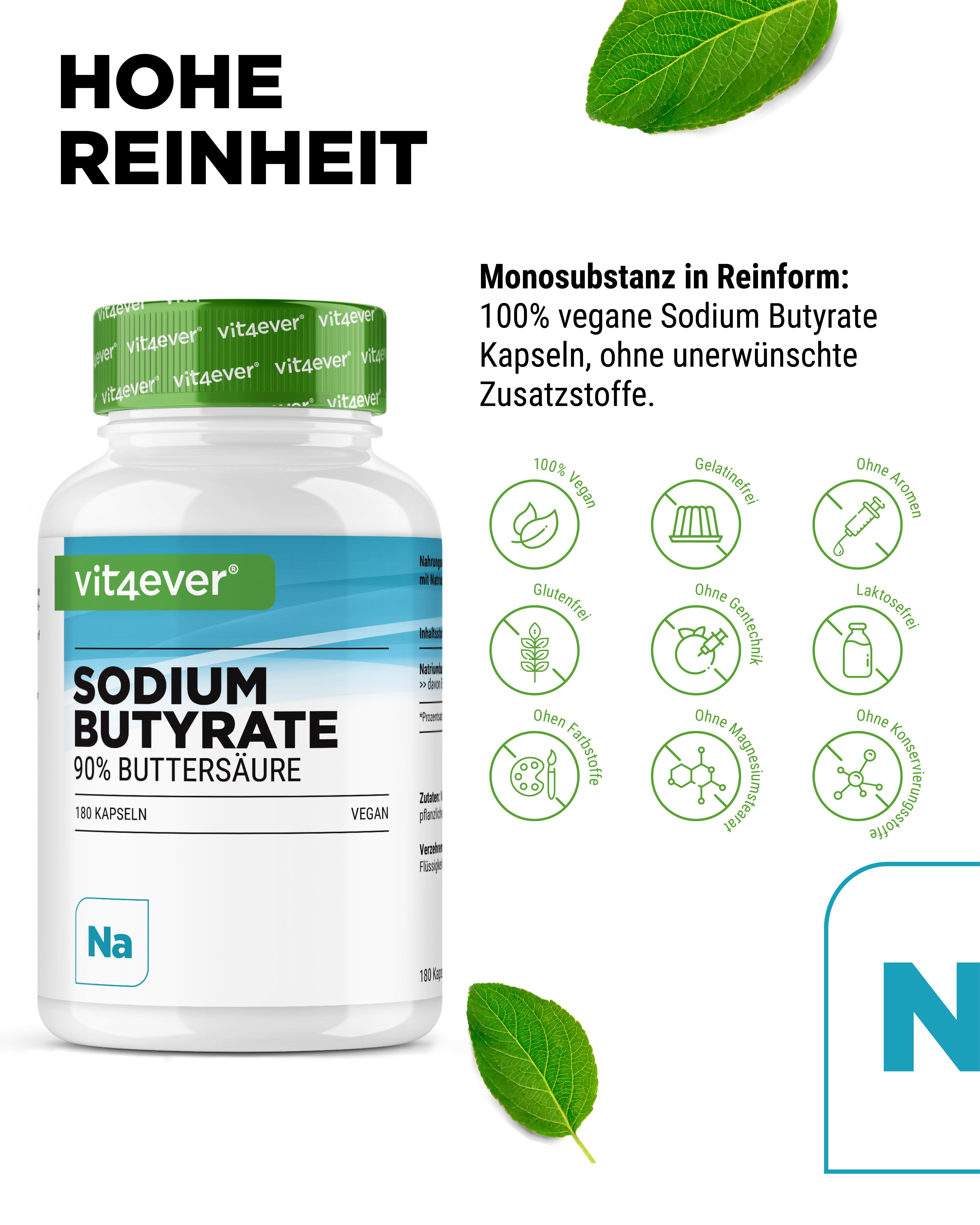 Produktflasche mit Text: Sodium Butyrate 90% Buttersäure, 180 Kapseln, vegan. Marke: vit4ever. Icons: vegan, glutenfrei, ohne Aromen, etc.