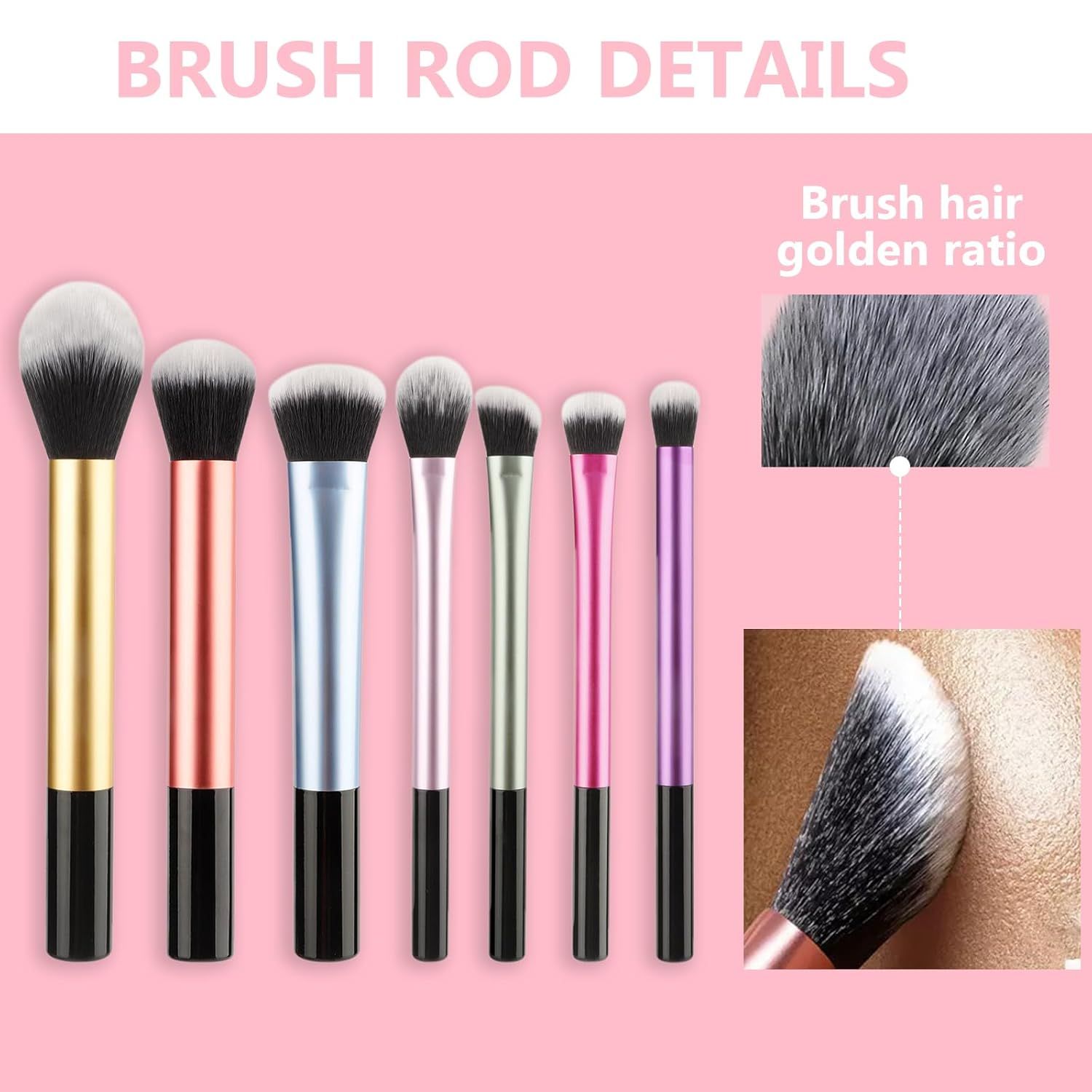 Set mit sieben Make-up-Pinselstielen in verschiedenen Farben: Gold, Roségold, Blau, Rosa, Grün, Pink und Lila.