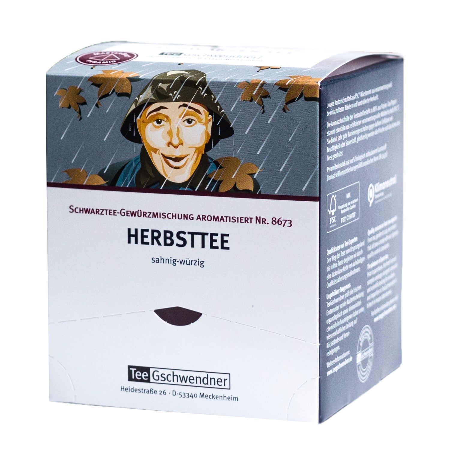 Karton mit Herbsttee-Aufdruck. Motiv: Mann im Regen. Text: Herbsttee, Tee Gschwendner. FSC-Siegel.