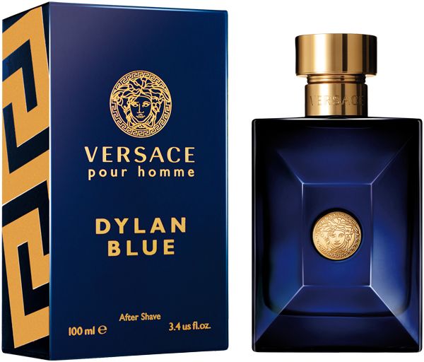 Blaues Aftershave-Flakon und Schachtel. Goldfarbene Kappe und Medusa-Logo. Text: VERSACE POUR HOMME DYLAN BLUE After Shave.