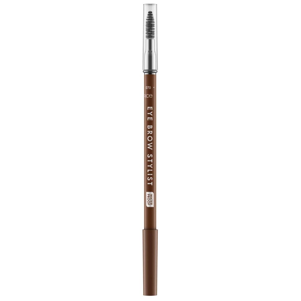 Brauenstift mit Bürste. Dunkelbraune Mine, silberfarbener Schaft mit Schriftzug EYE BROW STYLIST. Transparente Kappe.