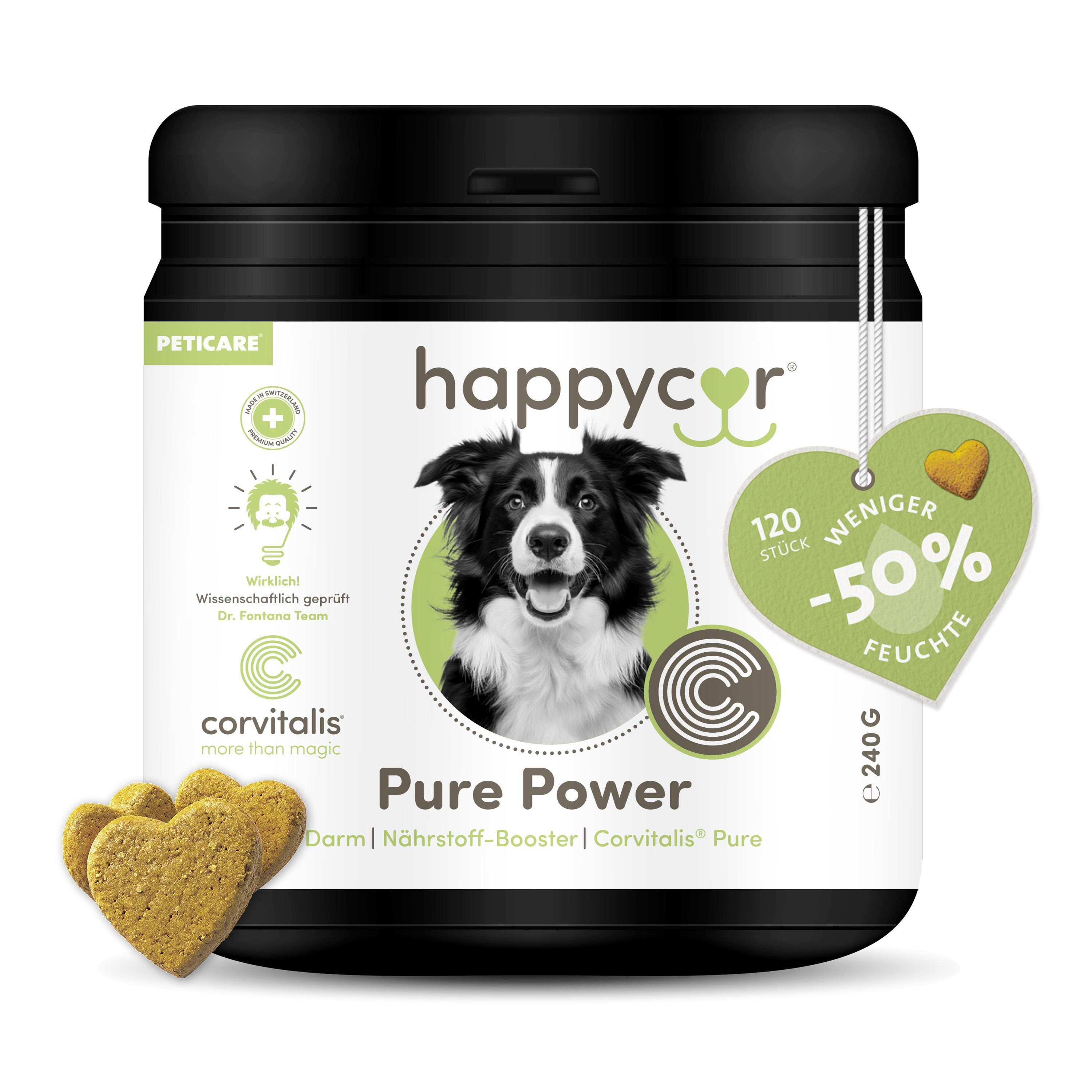 Schwarzer Behälter mit Happycor Hundesnacks. Herzförmige Kekse liegen daneben.