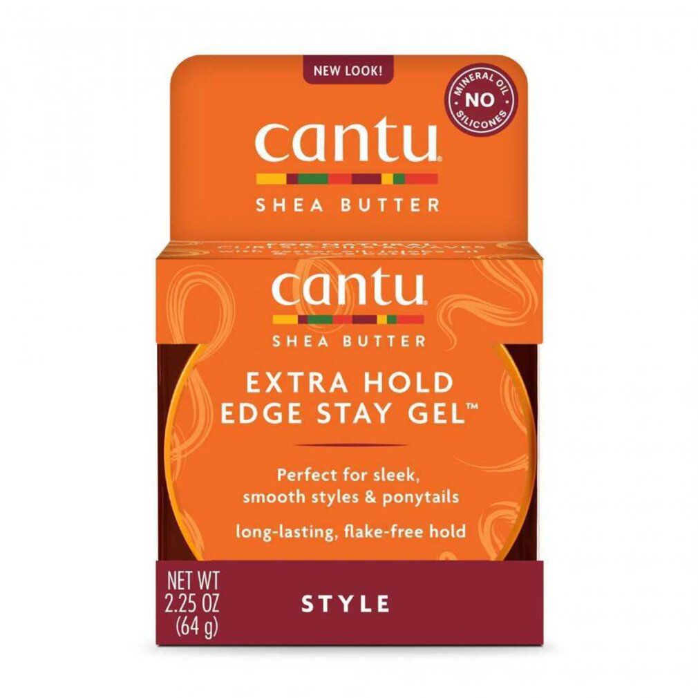 Cantu Shea Butter Edge Stay Gel. Orangefarbene Verpackung mit Produktinformationen. Aufschrift: Extra Hold, 2.25 OZ (64 g).