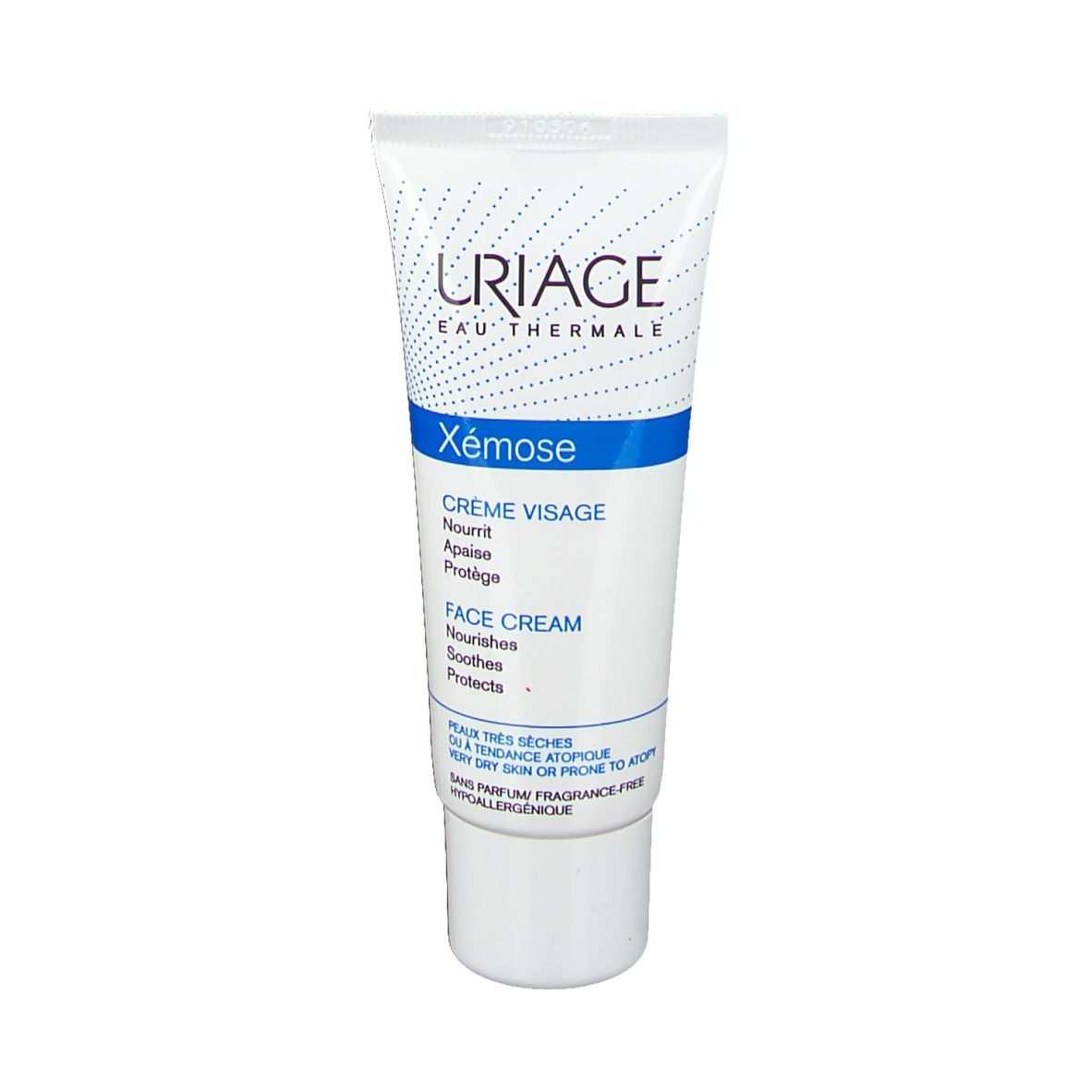 Weiß-blaue Tube URIAGE Xémose Face Cream. Text: Crème Visage, Face Cream. Für sehr trockene Haut. Ohne Parfum, hypoallergen.