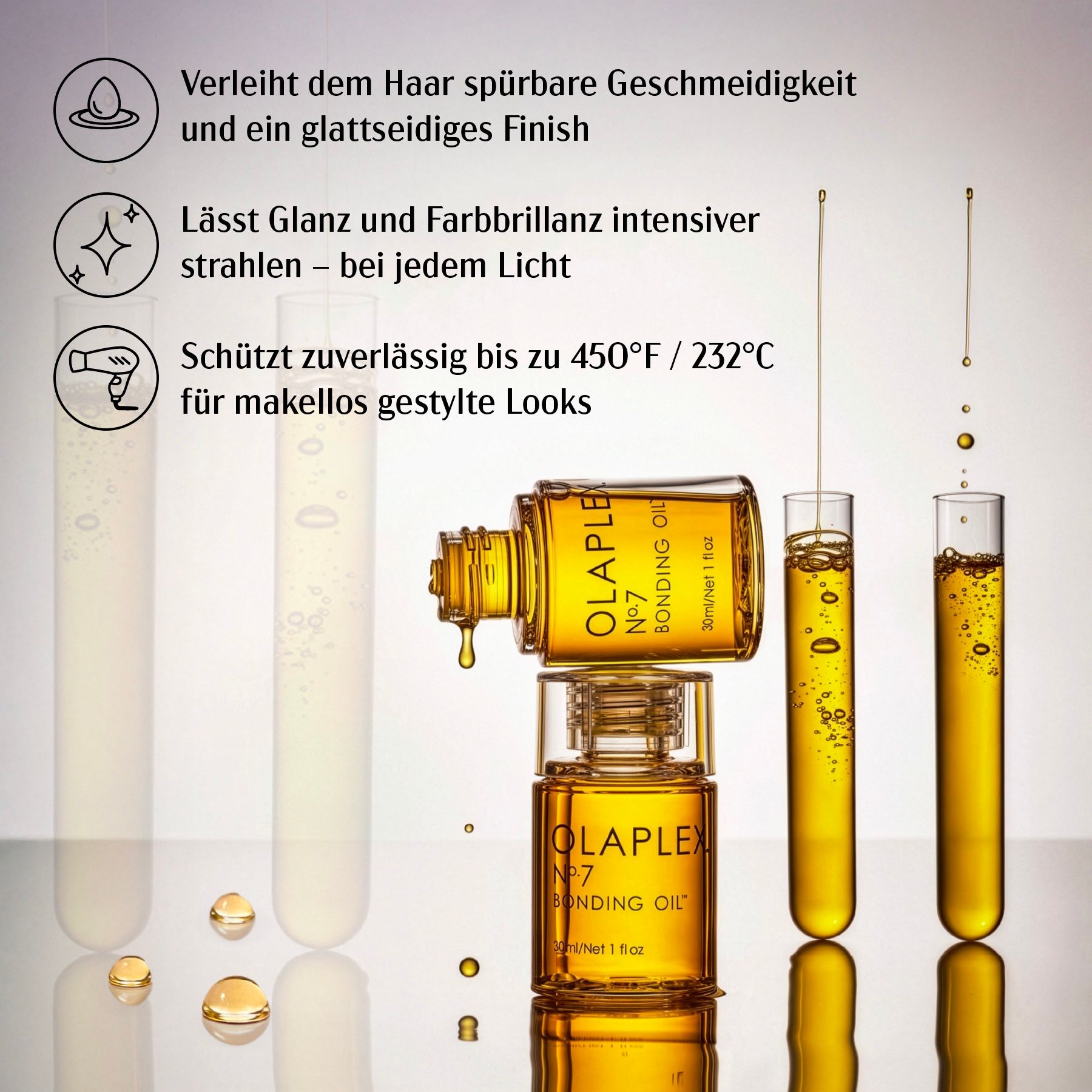 Gelbes Haaröl in Flaschen und Reagenzgläsern. Aufschrift: OLAPLEX Nr.7 Bonding Oil. Mit Öltropfen.