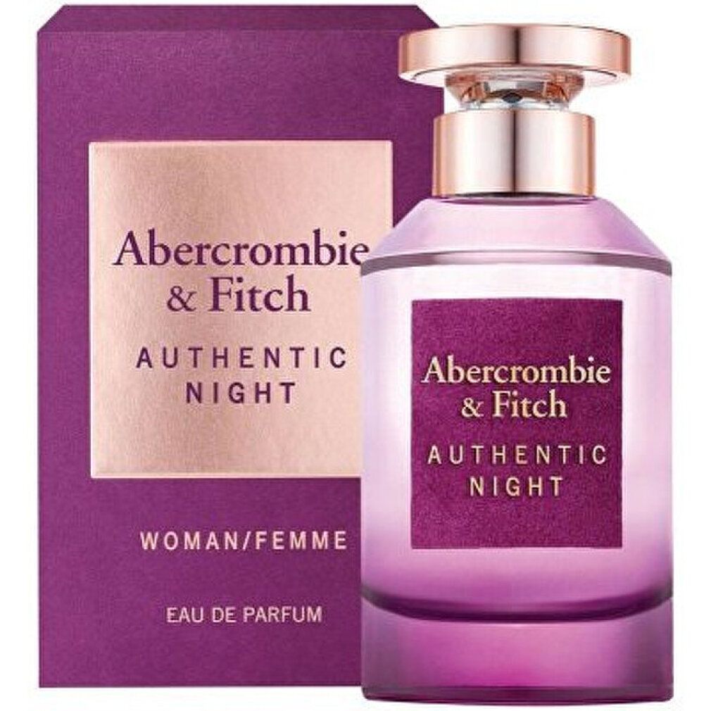 Flakon und Verpackung. Aufschrift "Abercrombie & Fitch AUTHENTIC NIGHT". Verpackung in Lila und Gold.