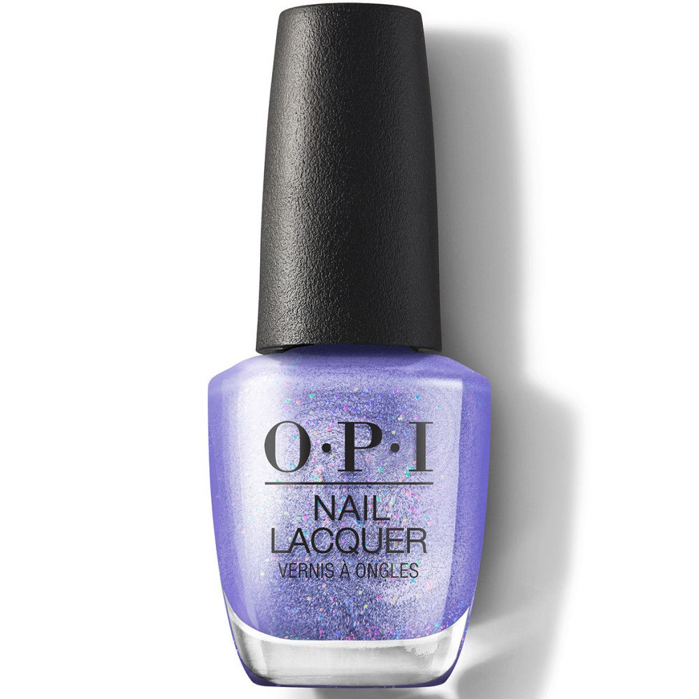 OPI Nagellackflasche in Lila mit Glitzer. Schwarzer Deckel, transparente Flasche.
